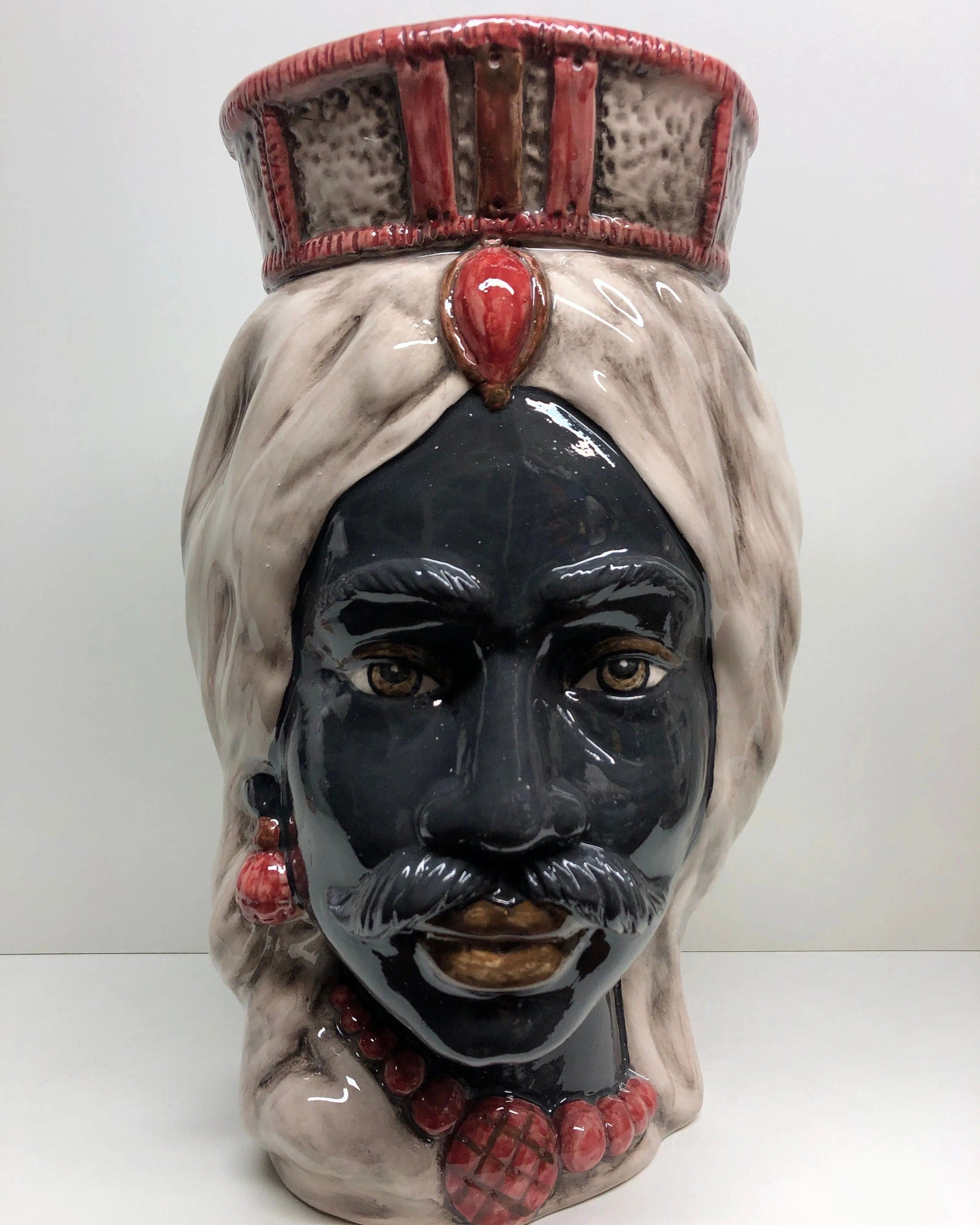 Teste di Moro Corona Retta Ceramica Caltagirone cm H.38 L.24 Artigianale dettagli Bordeaux DD CERAMICHE SICILIANE