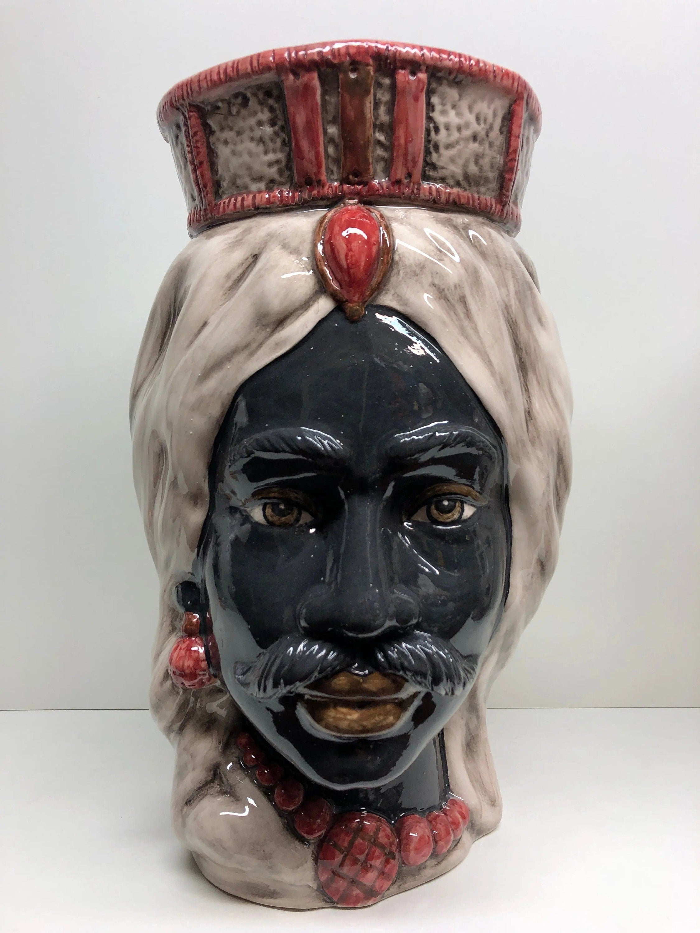 Teste di Moro Corona Retta Ceramica Caltagirone cm H.38 L.24 Artigianale dettagli Bordeaux DD CERAMICHE SICILIANE