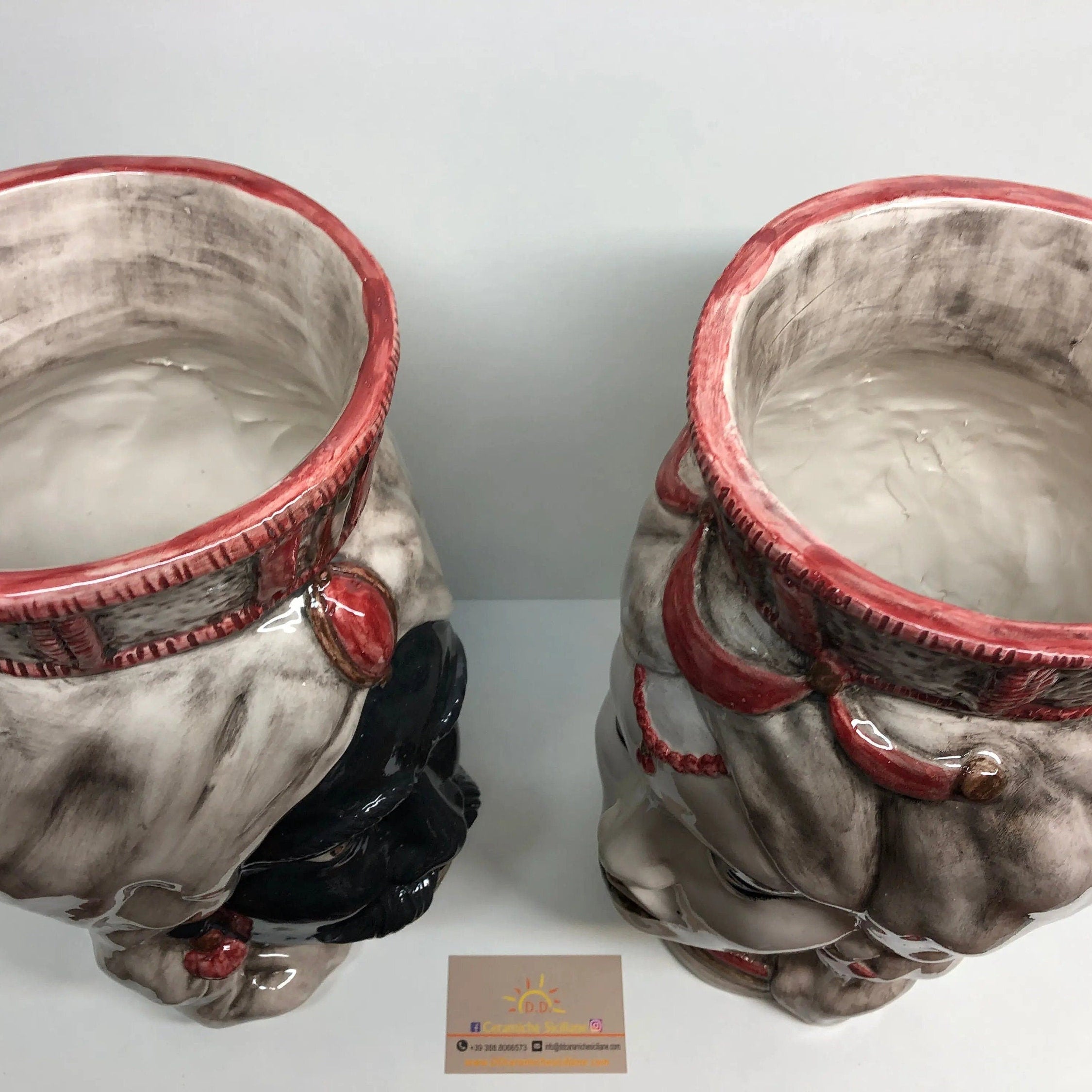 Teste di Moro Corona Retta Ceramica Caltagirone cm H.38 L.24 Artigianale dettagli Bordeaux DD CERAMICHE SICILIANE