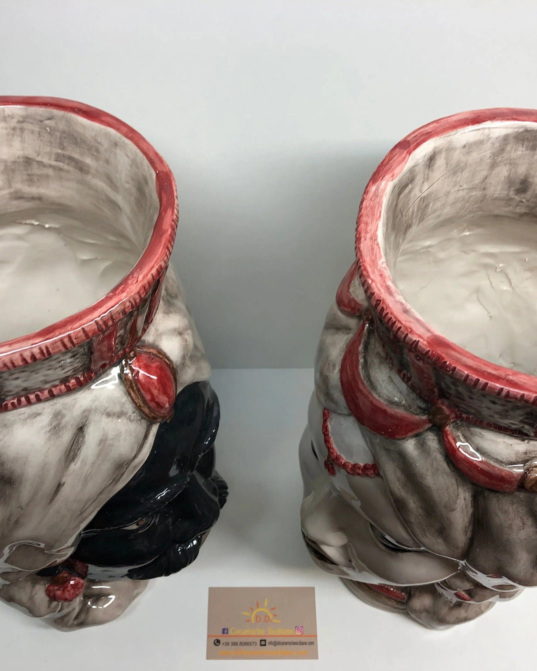 Teste di Moro Corona Retta Ceramica Caltagirone cm H.38 L.24 Artigianale dettagli Bordeaux DD CERAMICHE SICILIANE