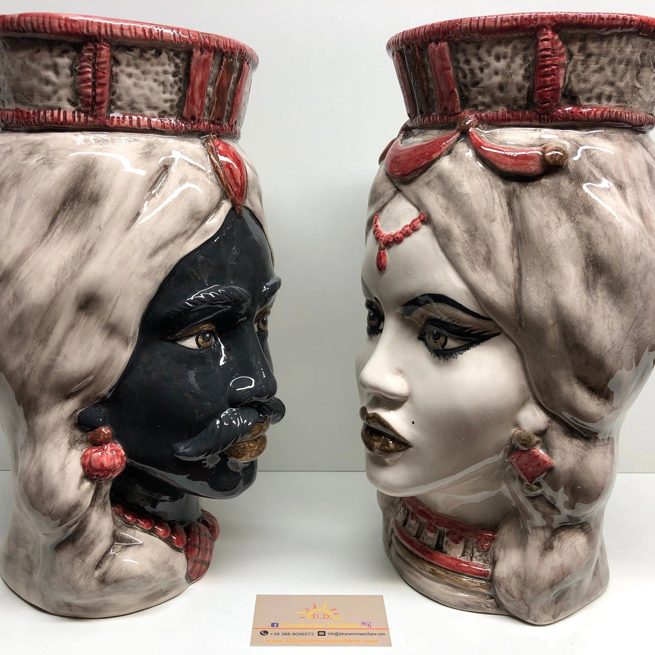 Teste di Moro Corona Retta Ceramica Caltagirone cm H.38 L.24 Artigianale dettagli Bordeaux DD CERAMICHE SICILIANE