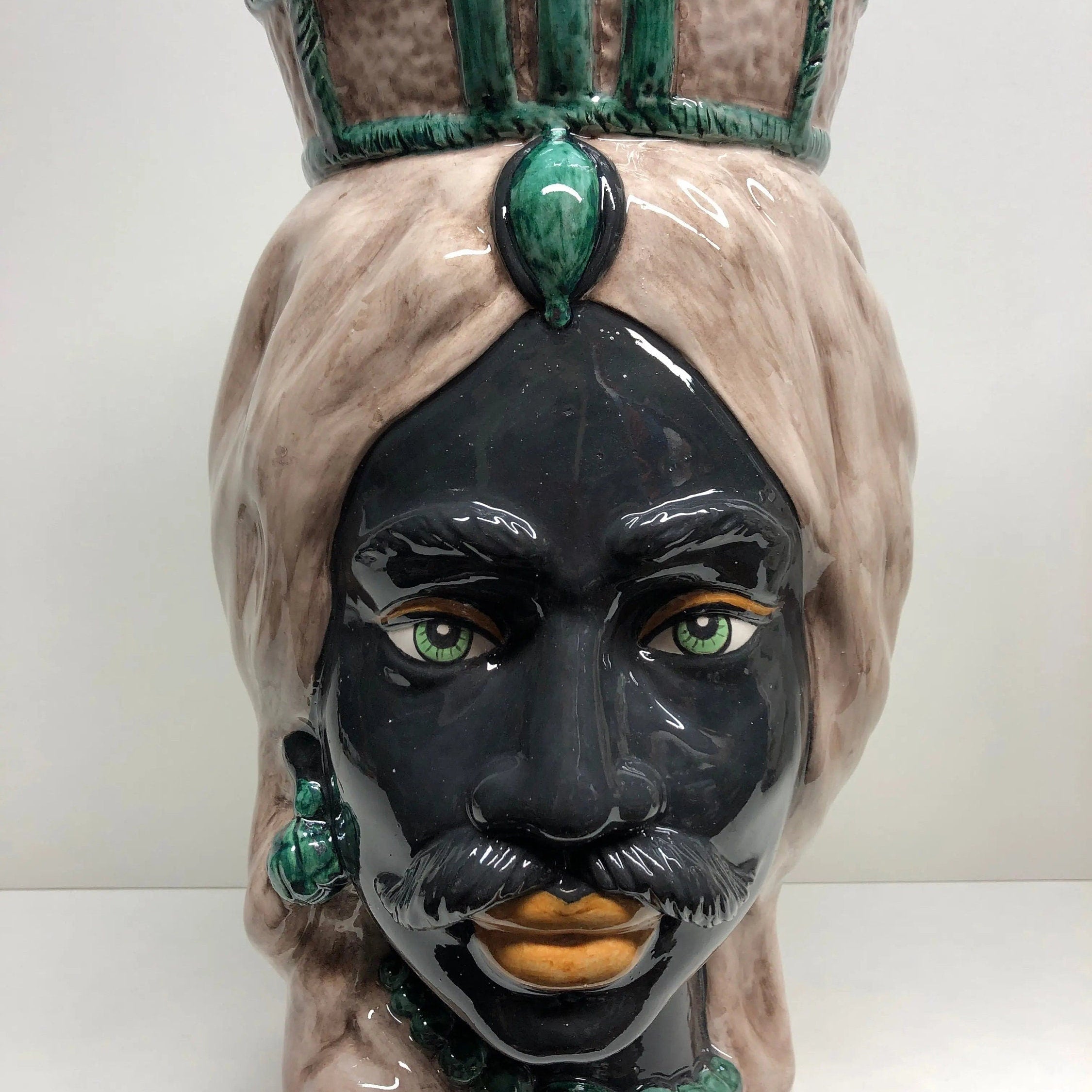 Teste di Moro Corona Retta Ceramica Caltagirone cm H.38 L.24 Artigianale dettagli Verde Acqua DD CERAMICHE SICILIANE