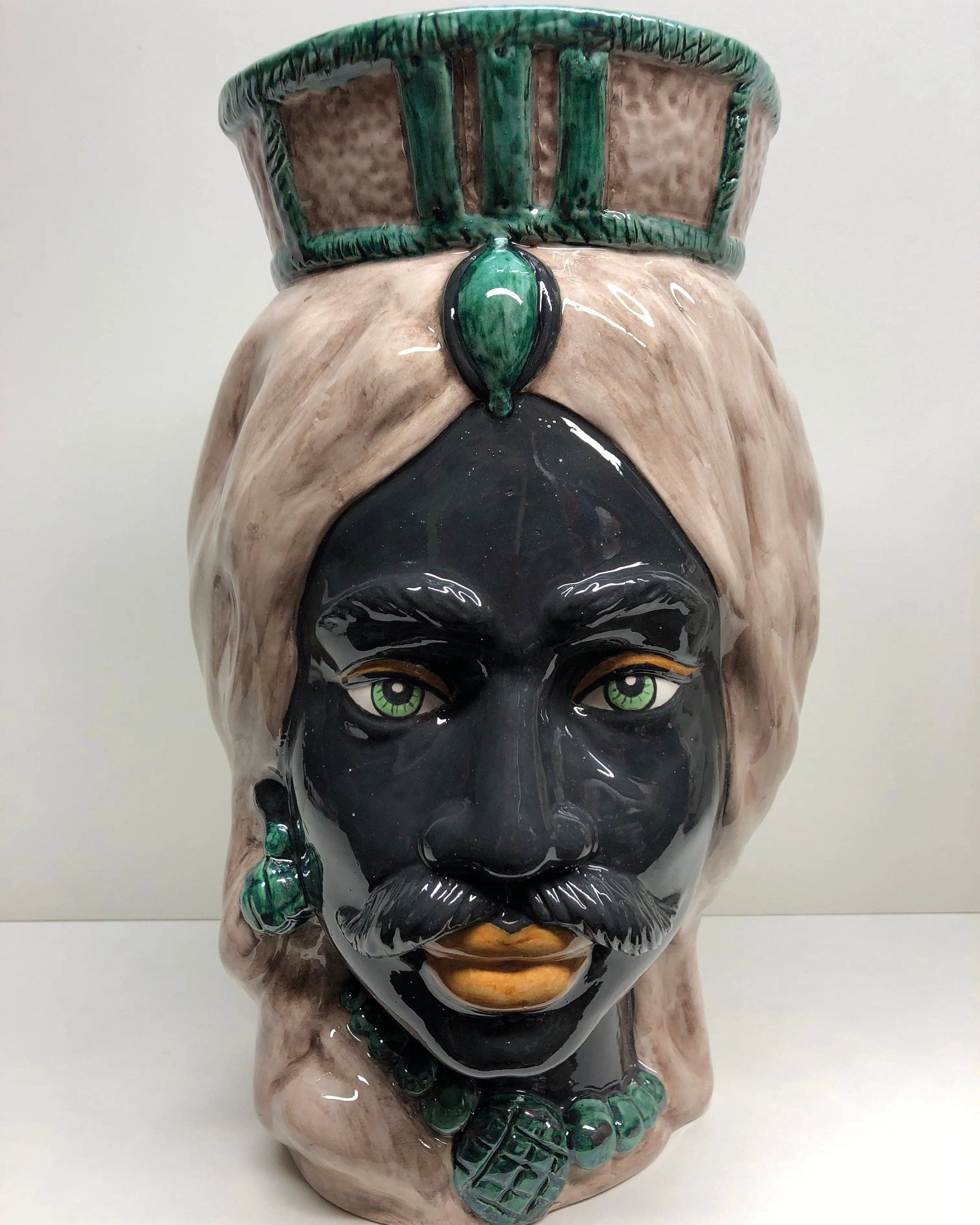 Teste di Moro Corona Retta Ceramica Caltagirone cm H.38 L.24 Artigianale dettagli Verde Acqua DD CERAMICHE SICILIANE