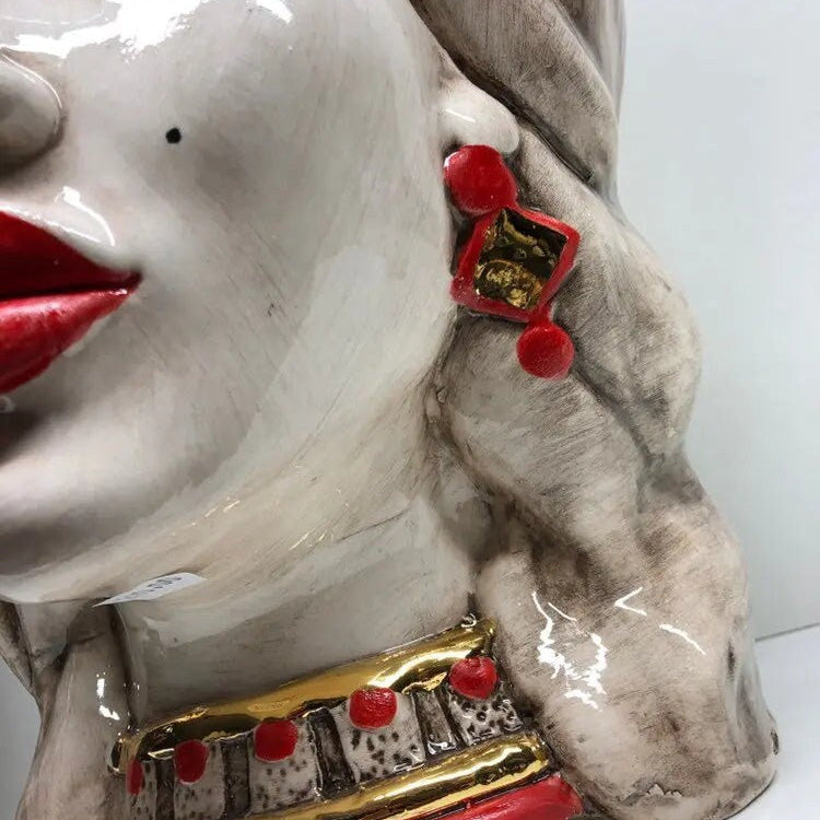Teste di Moro Corona Retta Ceramica Caltagirone cm H.38 L.24 Artigianale dettagli Rosso Oro DD CERAMICHE SICILIANE
