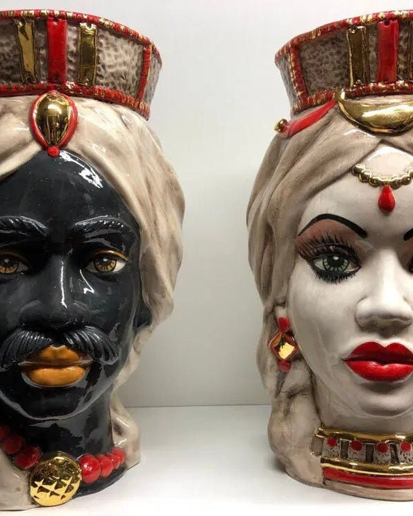 Teste di Moro Corona Retta Ceramica Caltagirone cm H.38 L.24 Artigianale dettagli Rosso Oro DD CERAMICHE SICILIANE