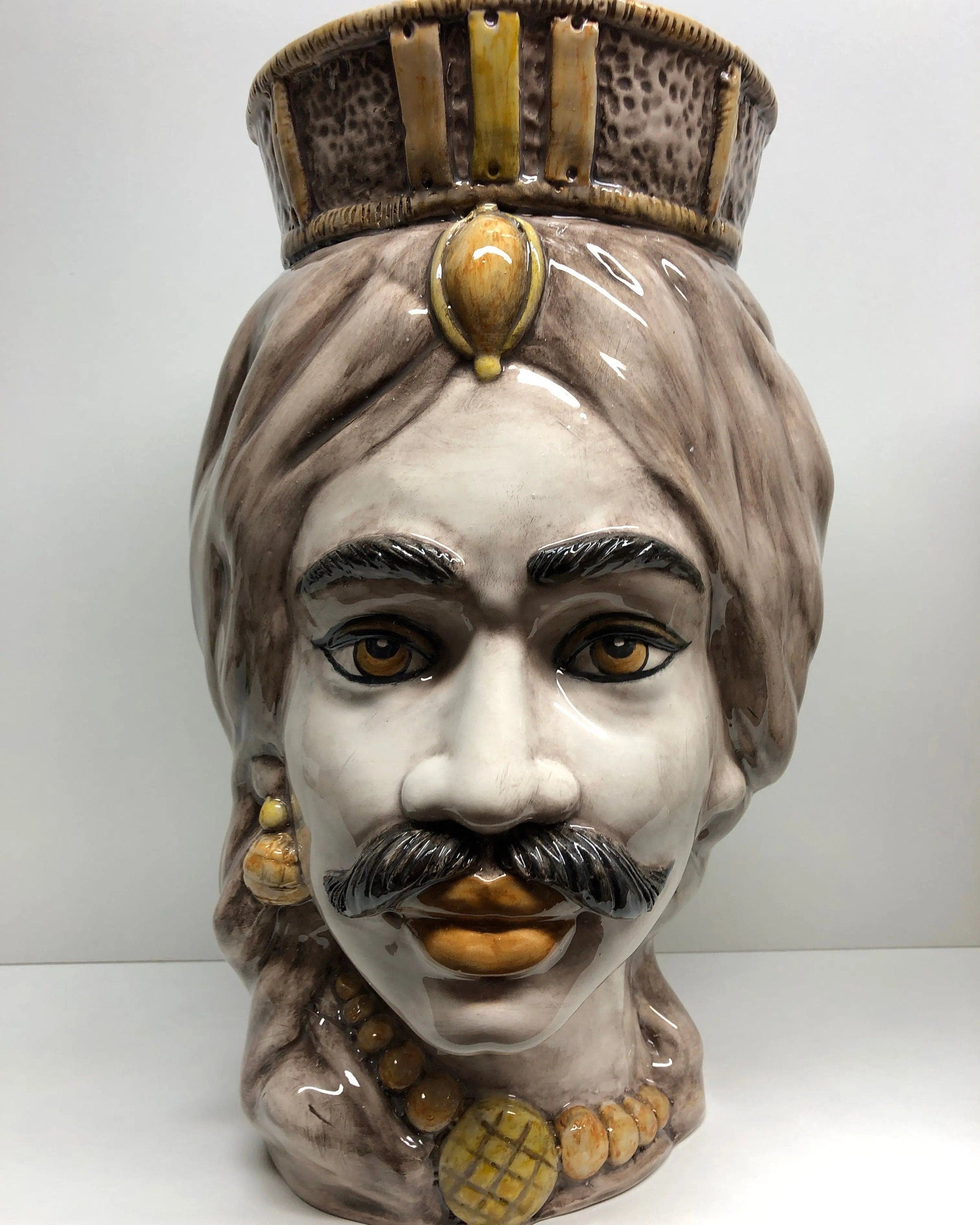 Teste di Moro Corona Retta Ceramica Caltagirone cm H.38 L.24 Artigianale dettagli Giallo DD CERAMICHE SICILIANE