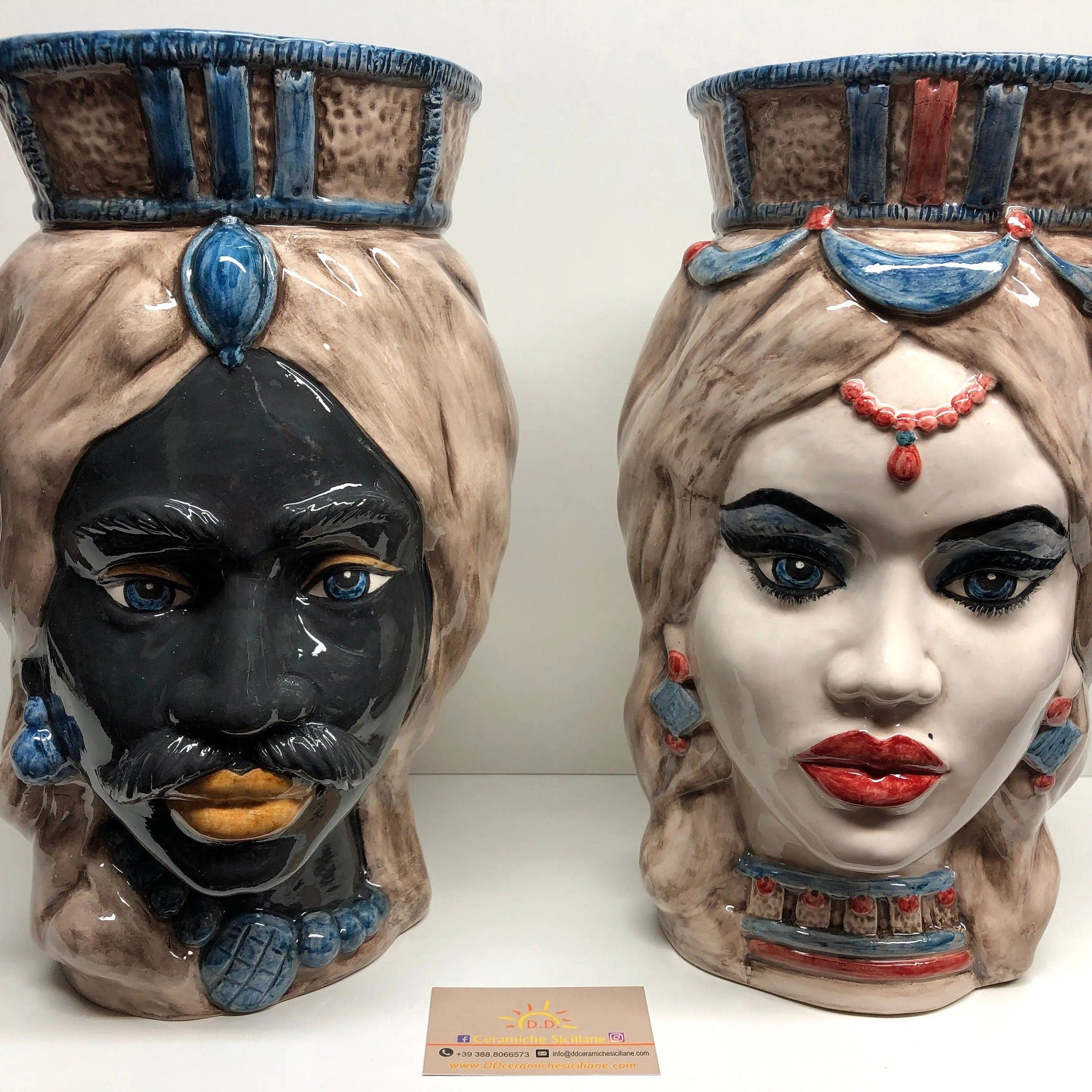 Teste di Moro Corona Retta Ceramica Caltagirone cm H.38 L.24 Artigianale dettagli Blu Antico DD CERAMICHE SICILIANE