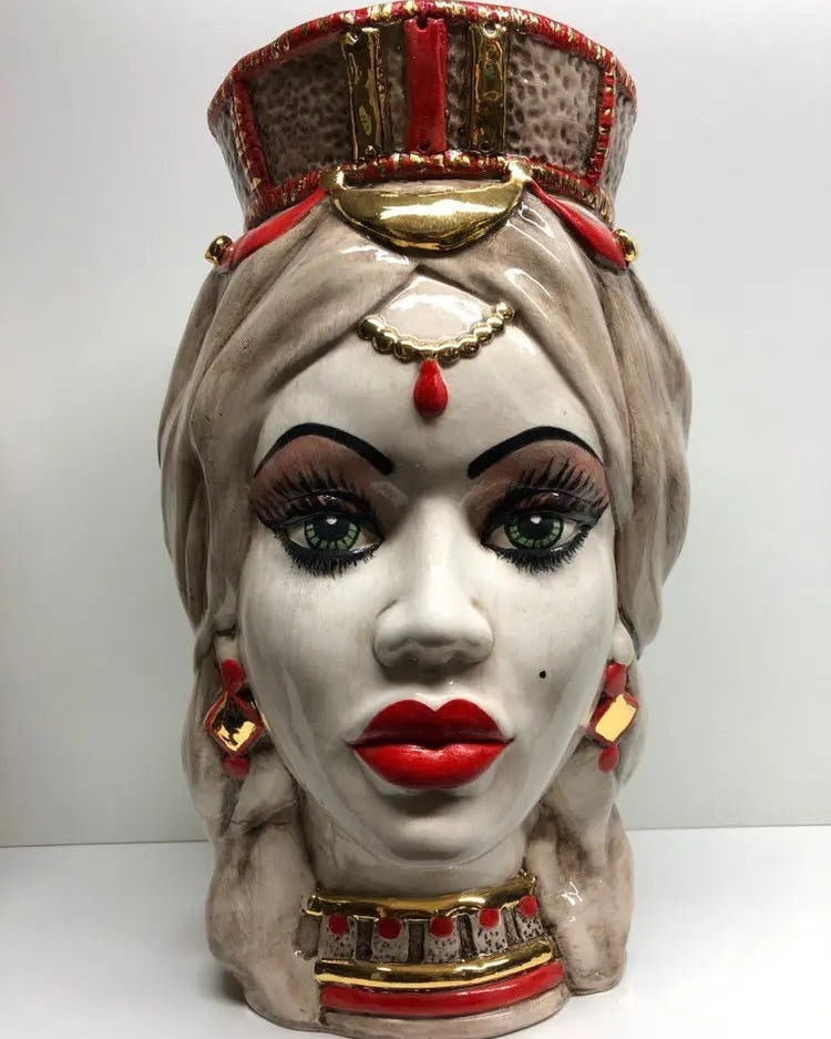 Teste di Moro Corona Retta Ceramica Caltagirone cm H.38 L.24 Artigianale dettagli Rosso Oro DD CERAMICHE SICILIANE