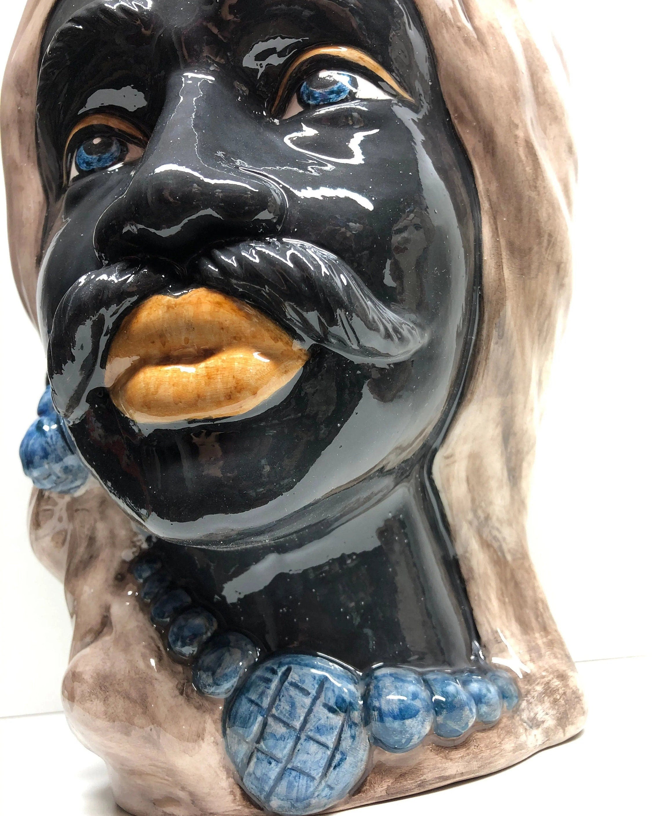 Teste di Moro Corona Retta Ceramica Caltagirone cm H.38 L.24 Artigianale dettagli Blu Antico DD CERAMICHE SICILIANE