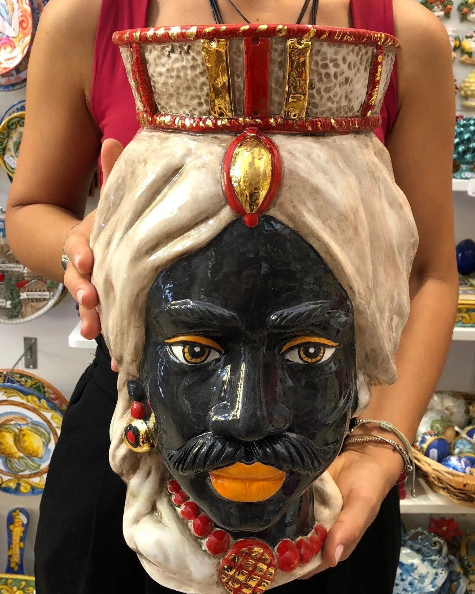 Teste di Moro Corona Retta Ceramica Caltagirone cm H.38 L.24 Artigianale dettagli Rosso Oro DD CERAMICHE SICILIANE