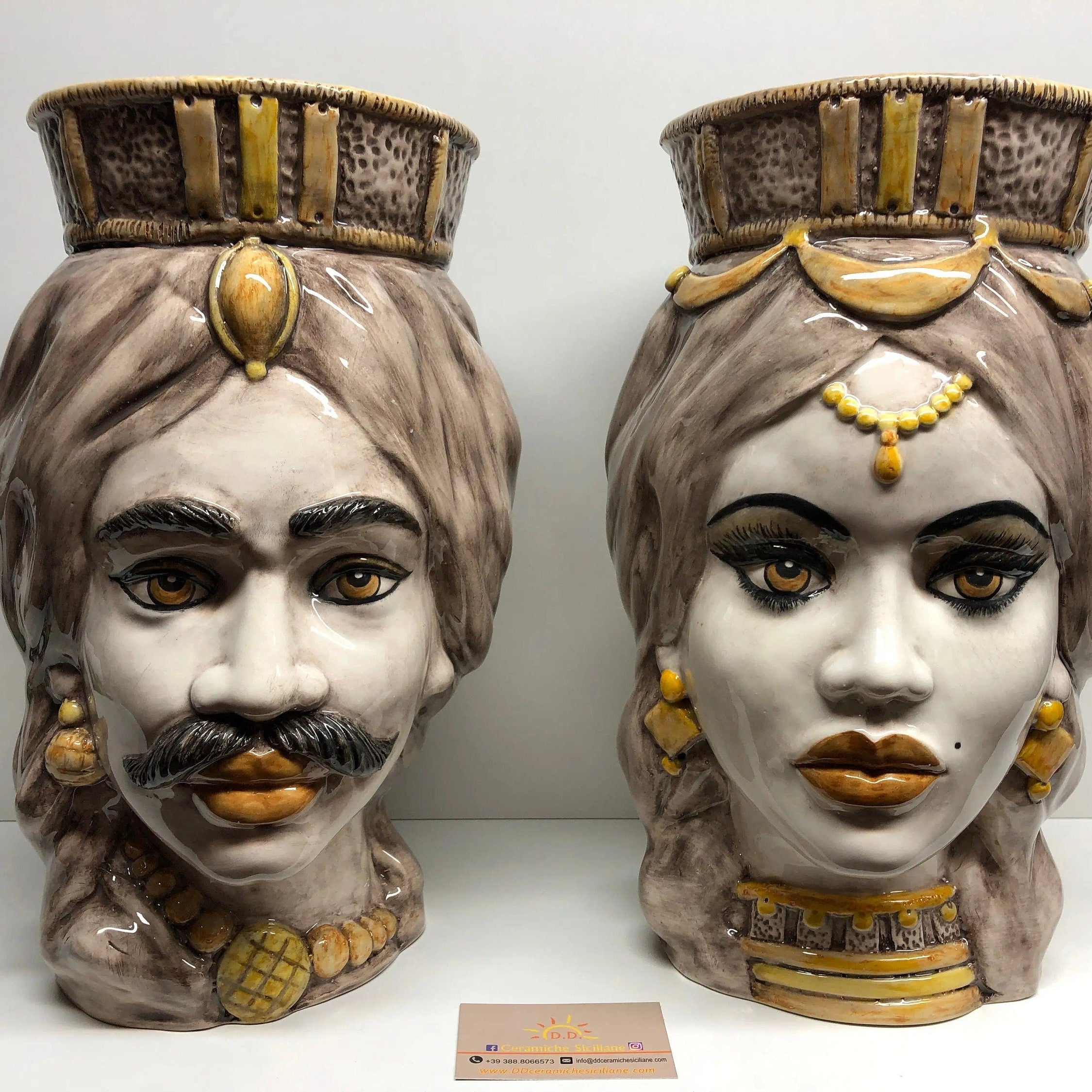 Teste di Moro Corona Retta Ceramica Caltagirone cm H.38 L.24 Artigianale dettagli Giallo DD CERAMICHE SICILIANE