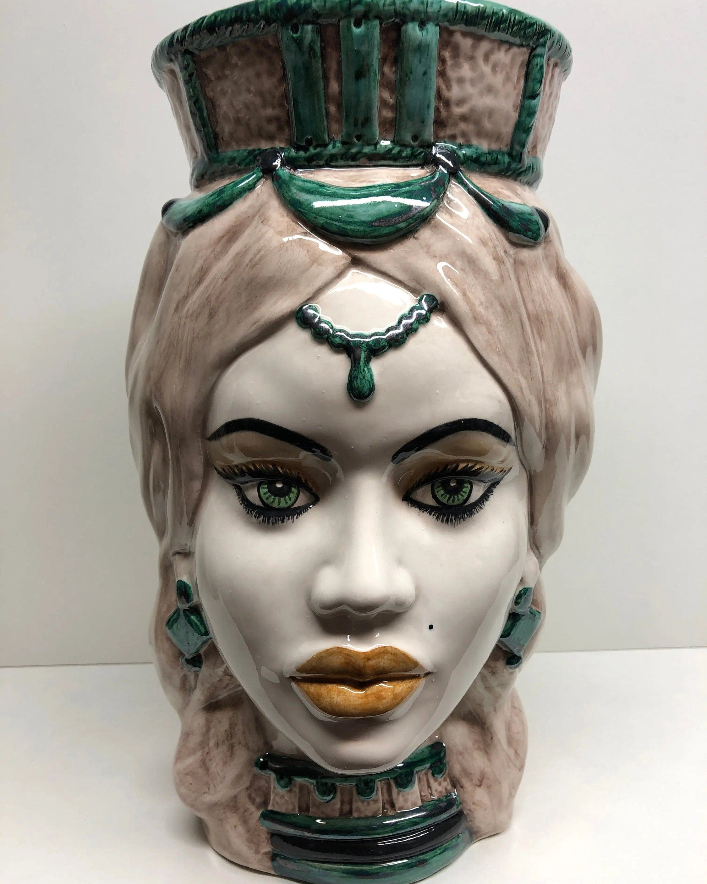 Teste di Moro Corona Retta Ceramica Caltagirone cm H.38 L.24 Artigianale dettagli Verde Acqua DD CERAMICHE SICILIANE