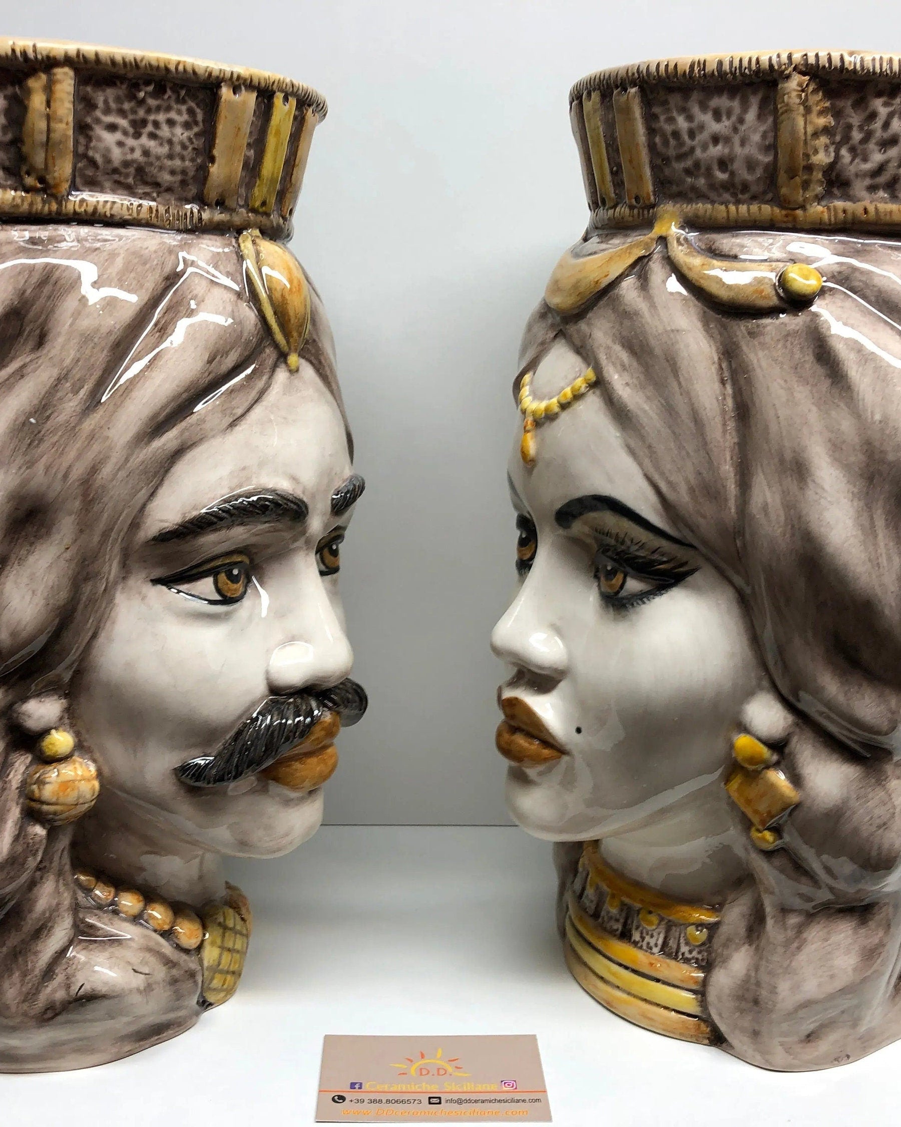 Teste di Moro Corona Retta Ceramica Caltagirone cm H.38 L.24 Artigianale dettagli Giallo DD CERAMICHE SICILIANE