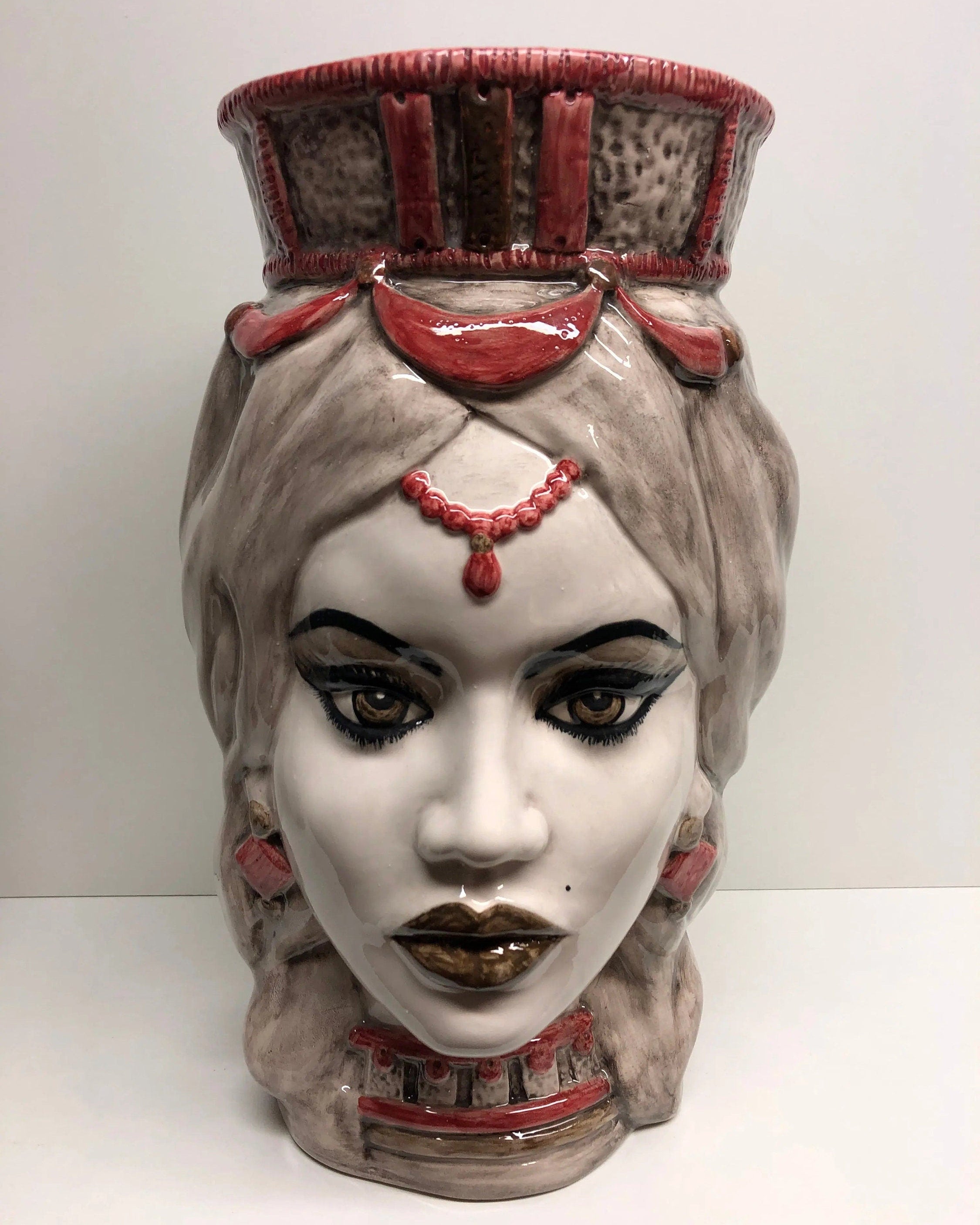 Teste di Moro Corona Retta Ceramica Caltagirone cm H.38 L.24 Artigianale dettagli Bordeaux DD CERAMICHE SICILIANE