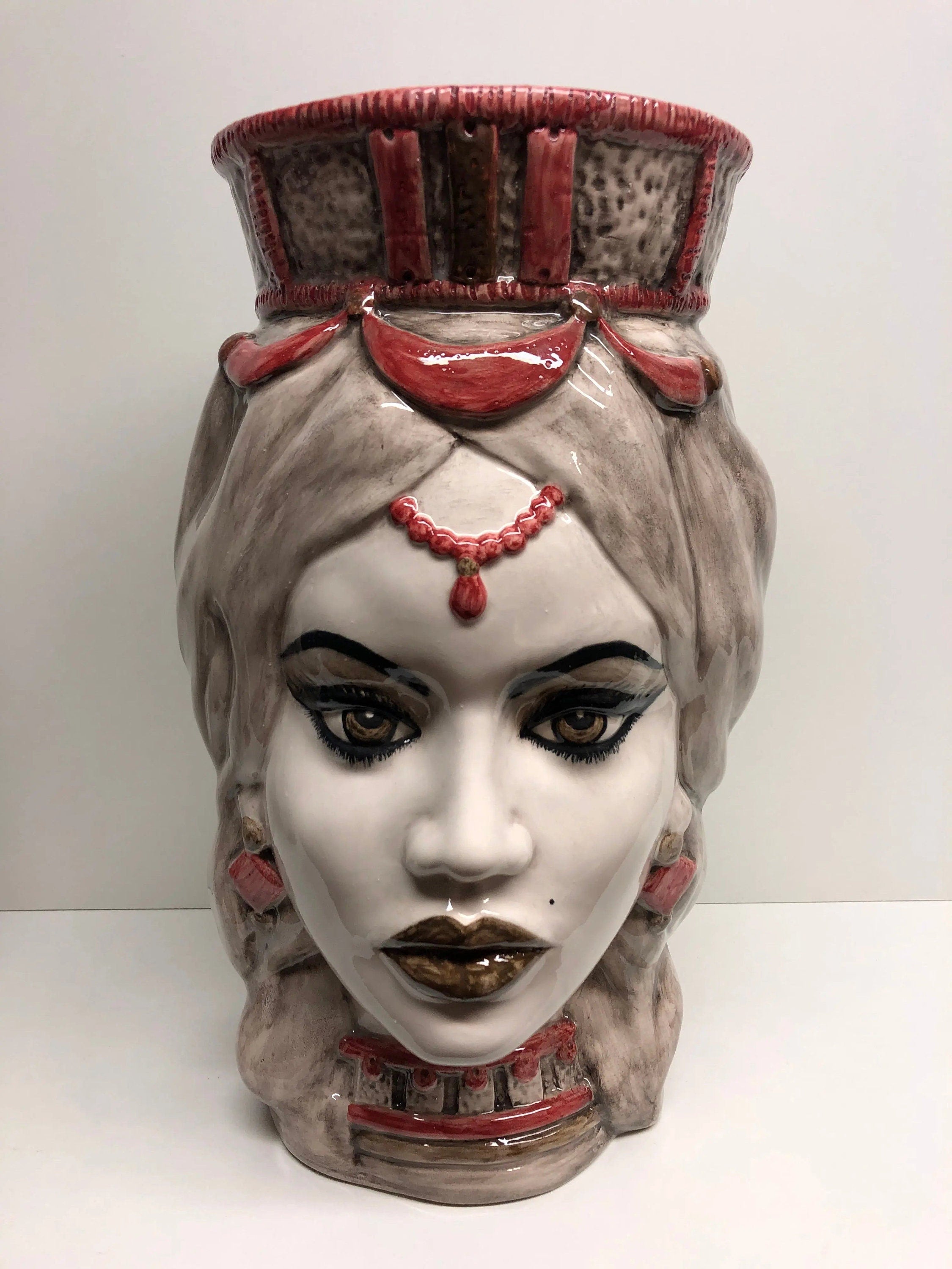 Teste di Moro Corona Retta Ceramica Caltagirone cm H.38 L.24 Artigianale dettagli Bordeaux DD CERAMICHE SICILIANE