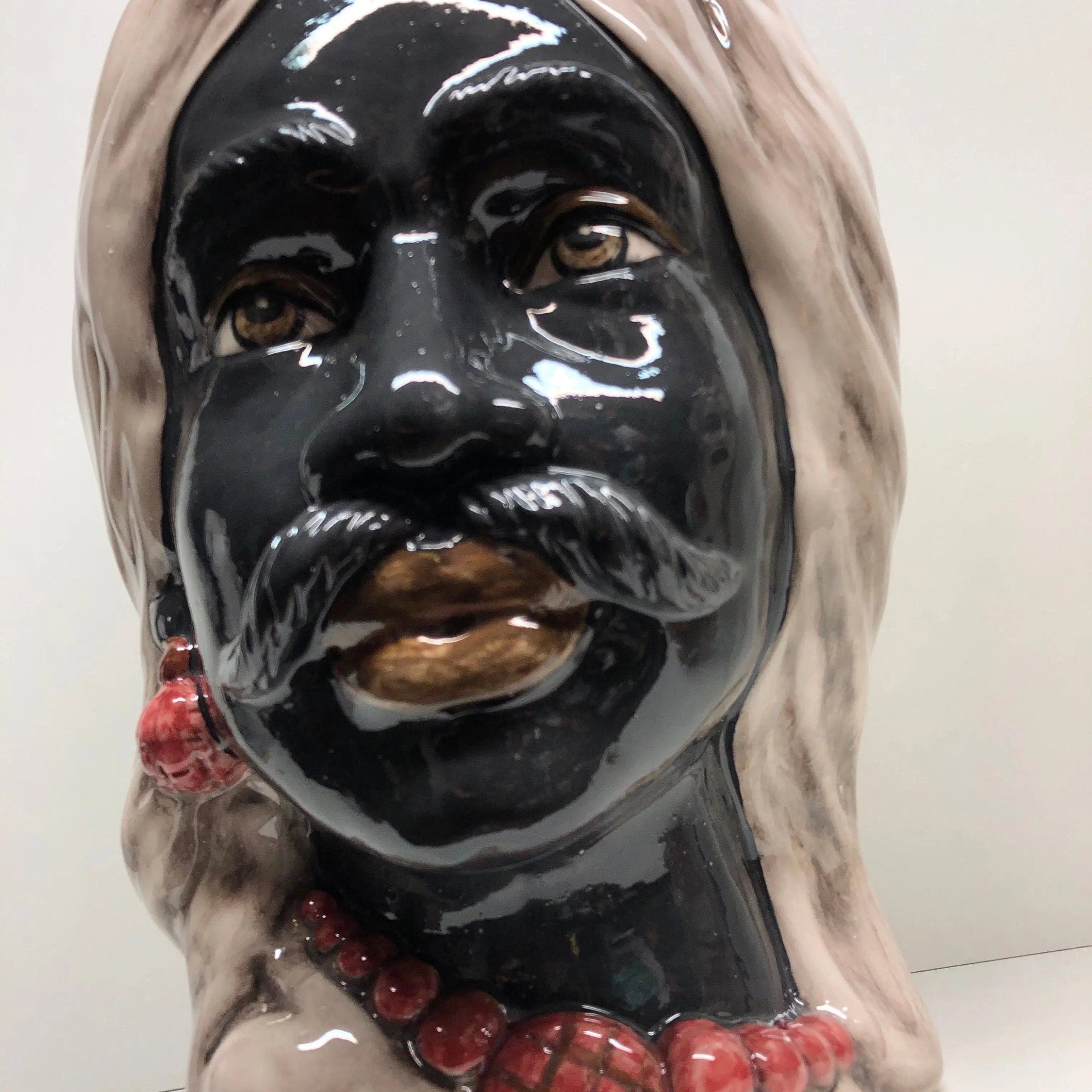 Teste di Moro Corona Retta Ceramica Caltagirone cm H.38 L.24 Artigianale dettagli Bordeaux DD CERAMICHE SICILIANE