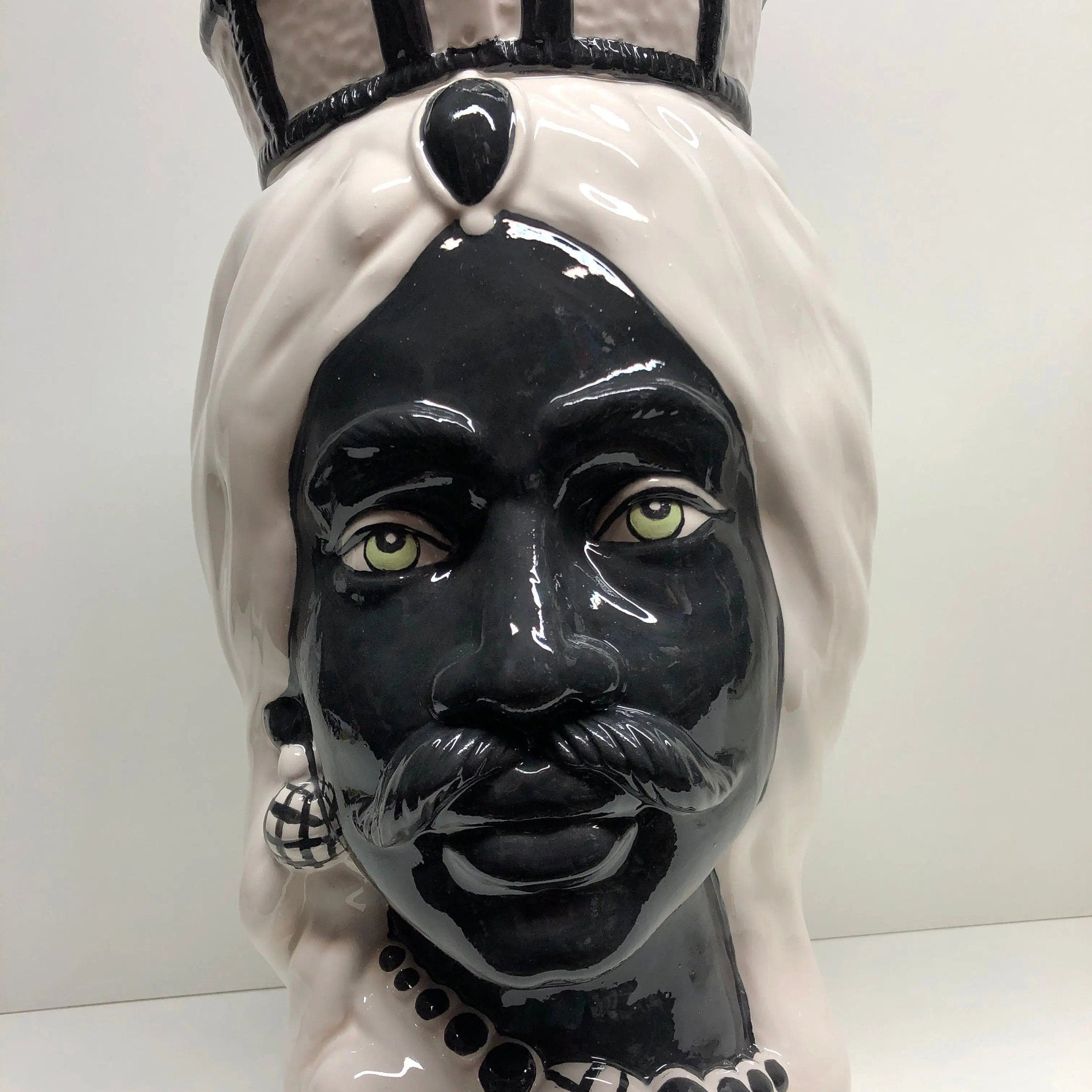 Teste di Moro Corona Retta Ceramica Caltagirone cm H.38 L.24 Artigianale Bianco Nero DD CERAMICHE SICILIANE