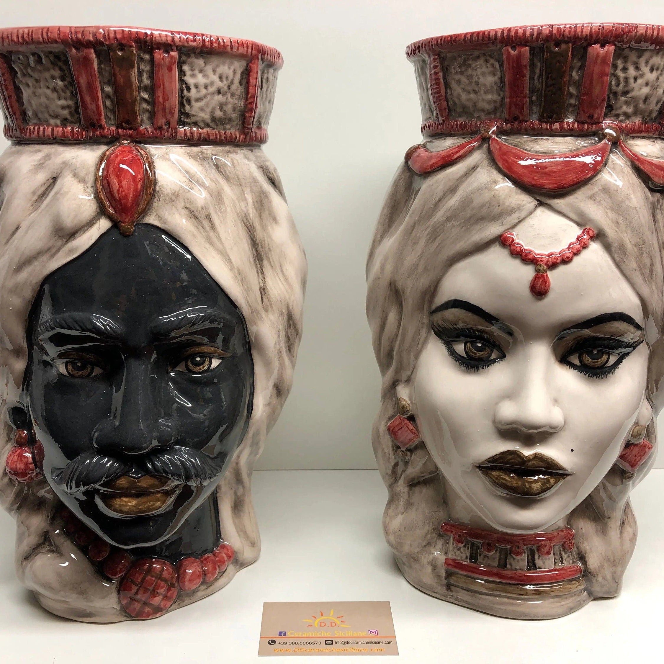 Teste di Moro Corona Retta Ceramica Caltagirone cm H.38 L.24 Artigianale dettagli Bordeaux DD CERAMICHE SICILIANE