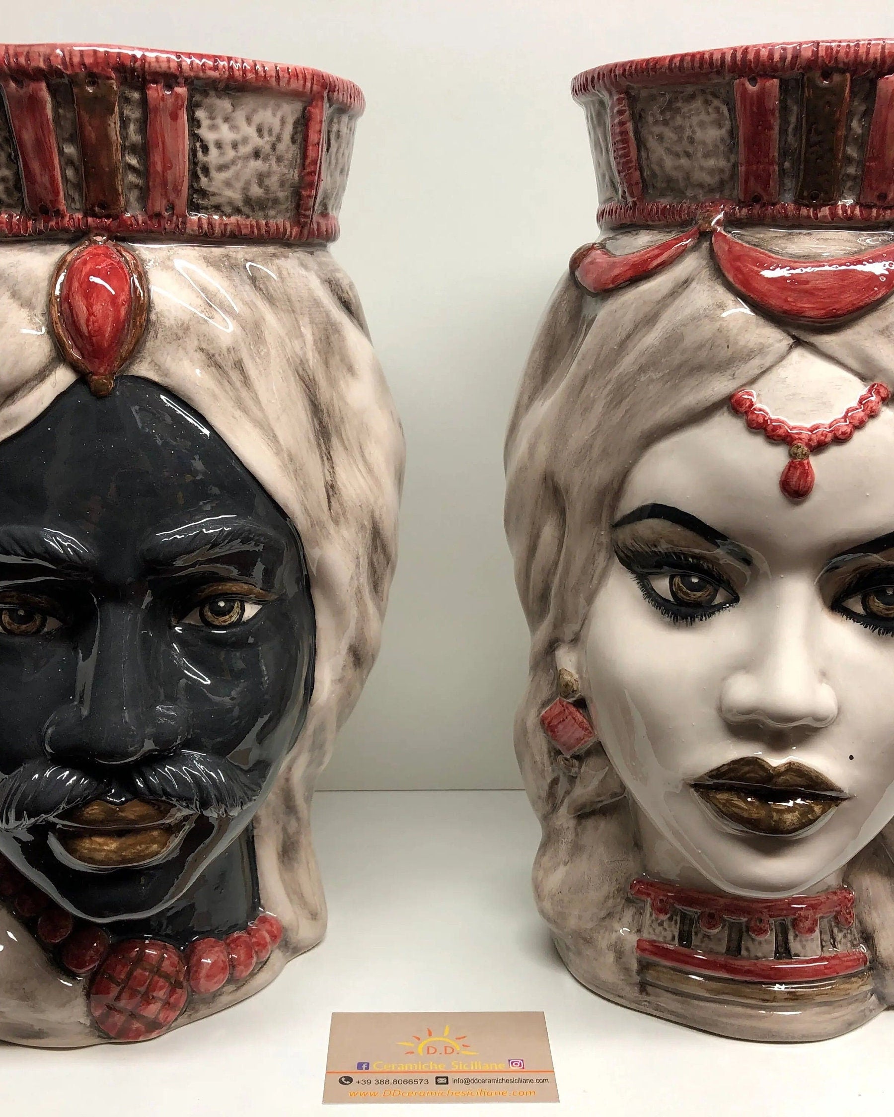 Teste di Moro Corona Retta Ceramica Caltagirone cm H.38 L.24 Artigianale dettagli Bordeaux DD CERAMICHE SICILIANE