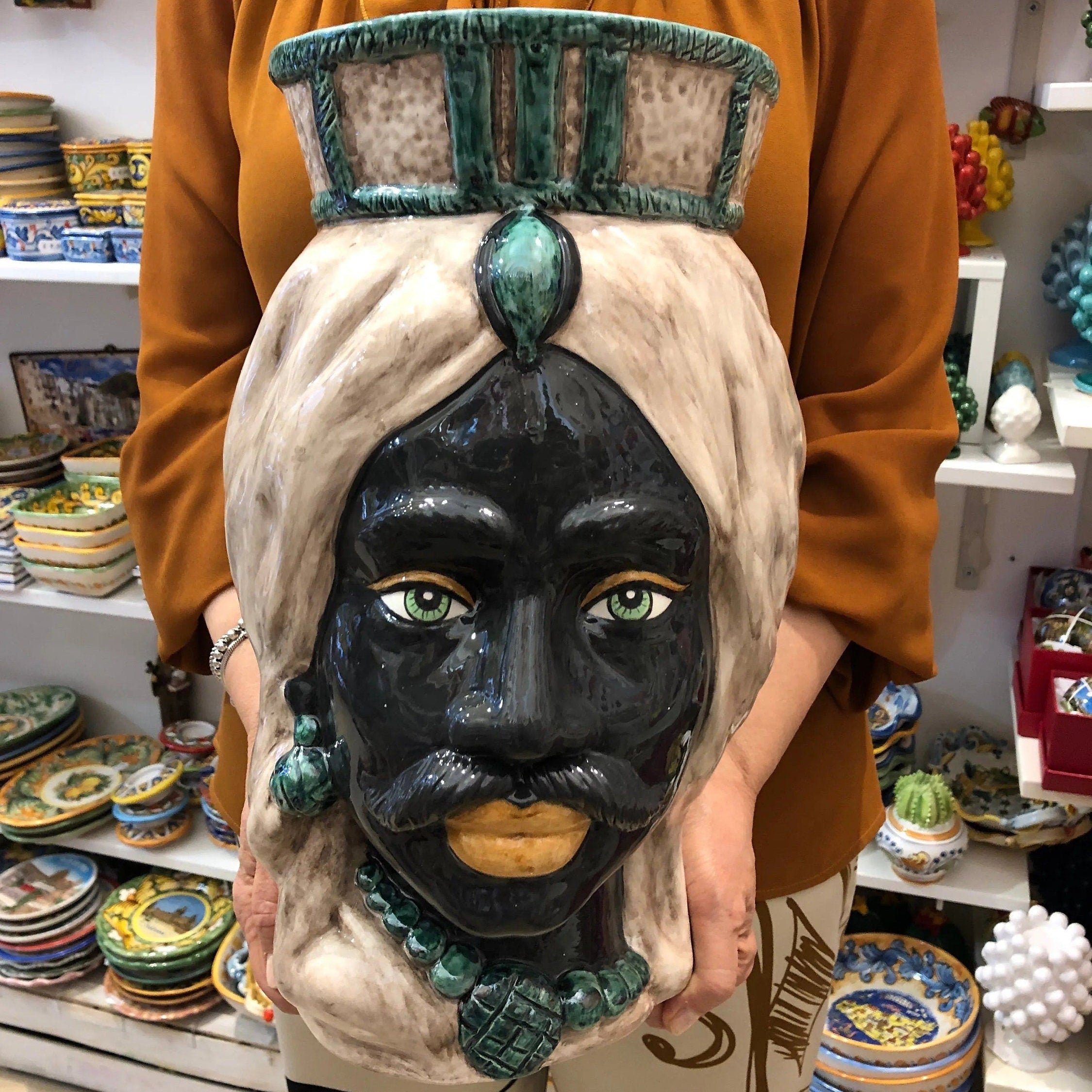 Teste di Moro Corona Retta Ceramica Caltagirone cm H.38 L.24 Artigianale dettagli Verde Acqua DD CERAMICHE SICILIANE