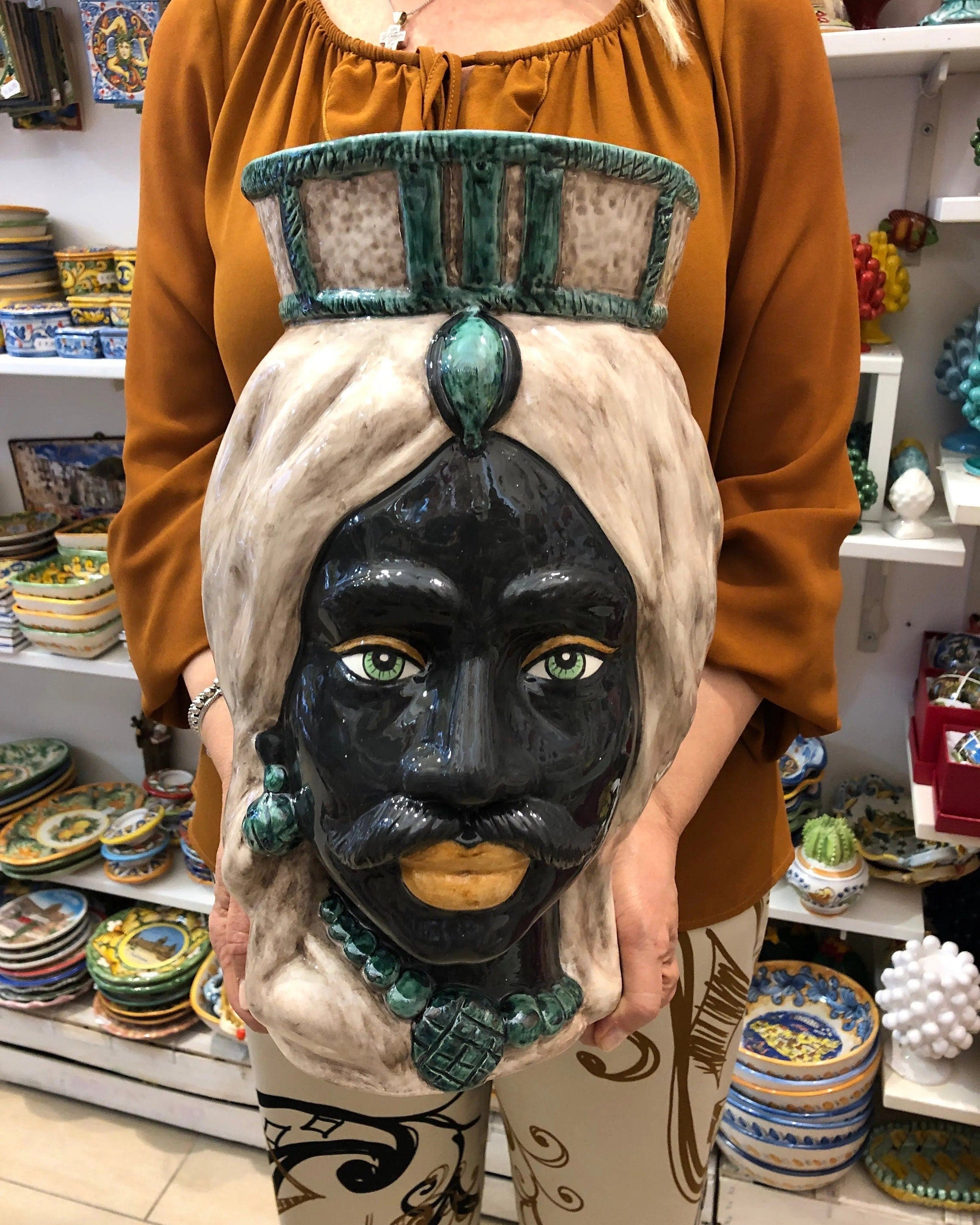 Teste di Moro Corona Retta Ceramica Caltagirone cm H.38 L.24 Artigianale dettagli Verde Acqua DD CERAMICHE SICILIANE