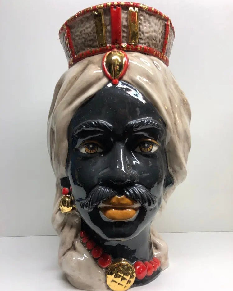 Teste di Moro Corona Retta Ceramica Caltagirone cm H.38 L.24 Artigianale dettagli Rosso Oro DD CERAMICHE SICILIANE