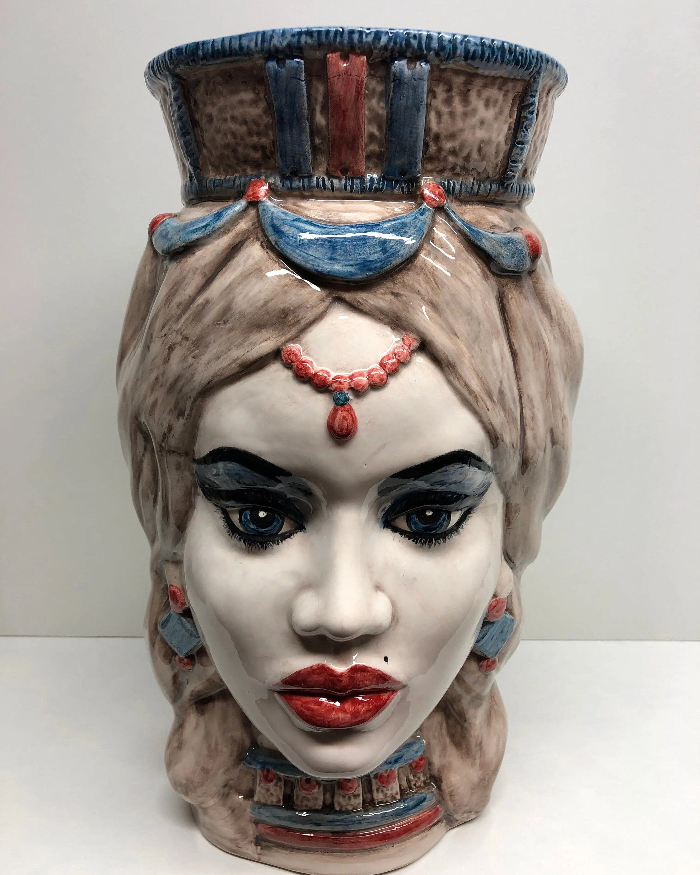 Teste di Moro Corona Retta Ceramica Caltagirone cm H.38 L.24 Artigianale dettagli Blu Antico DD CERAMICHE SICILIANE