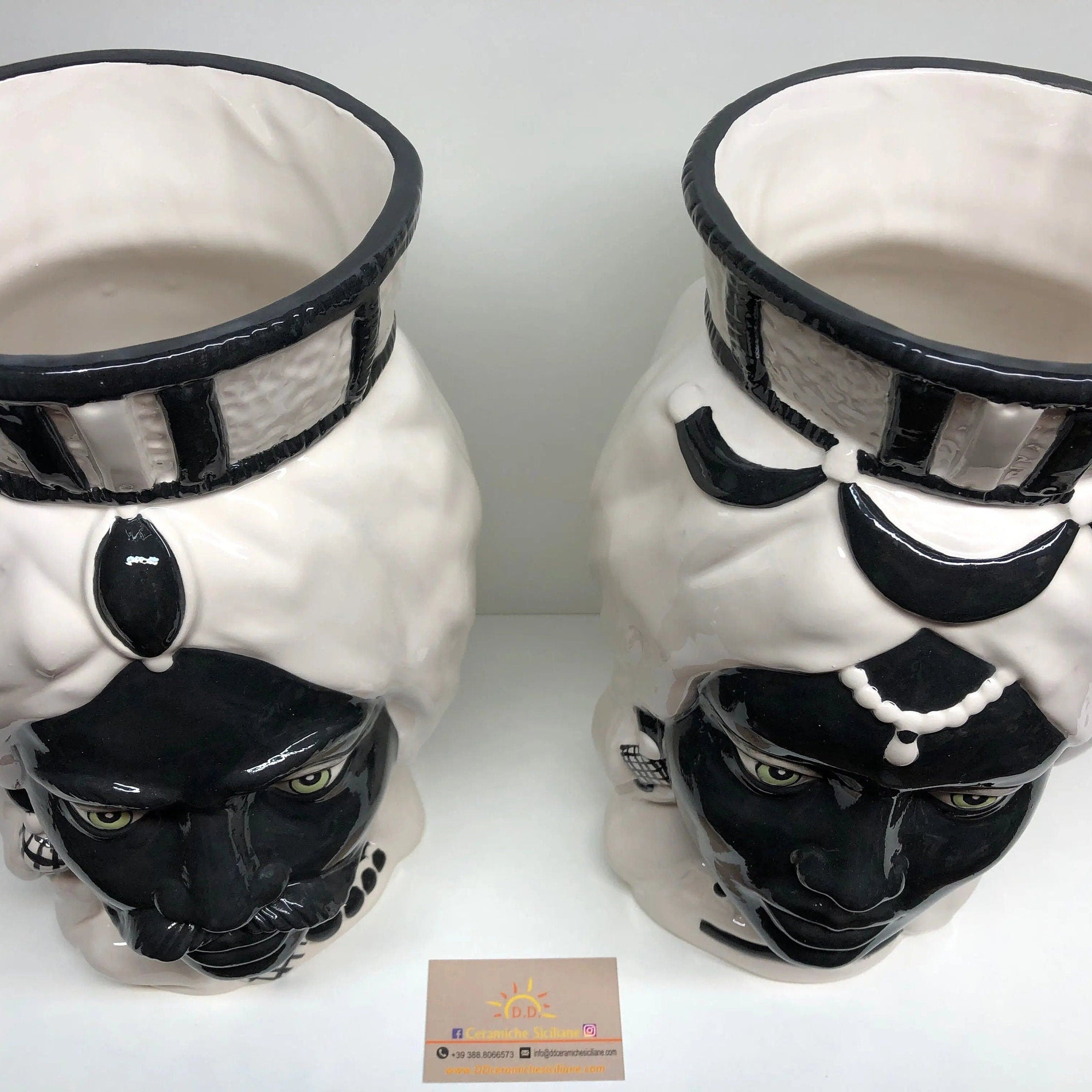 Teste di Moro Corona Retta Ceramica Caltagirone cm H.38 L.24 Artigianale Bianco Nero DD CERAMICHE SICILIANE