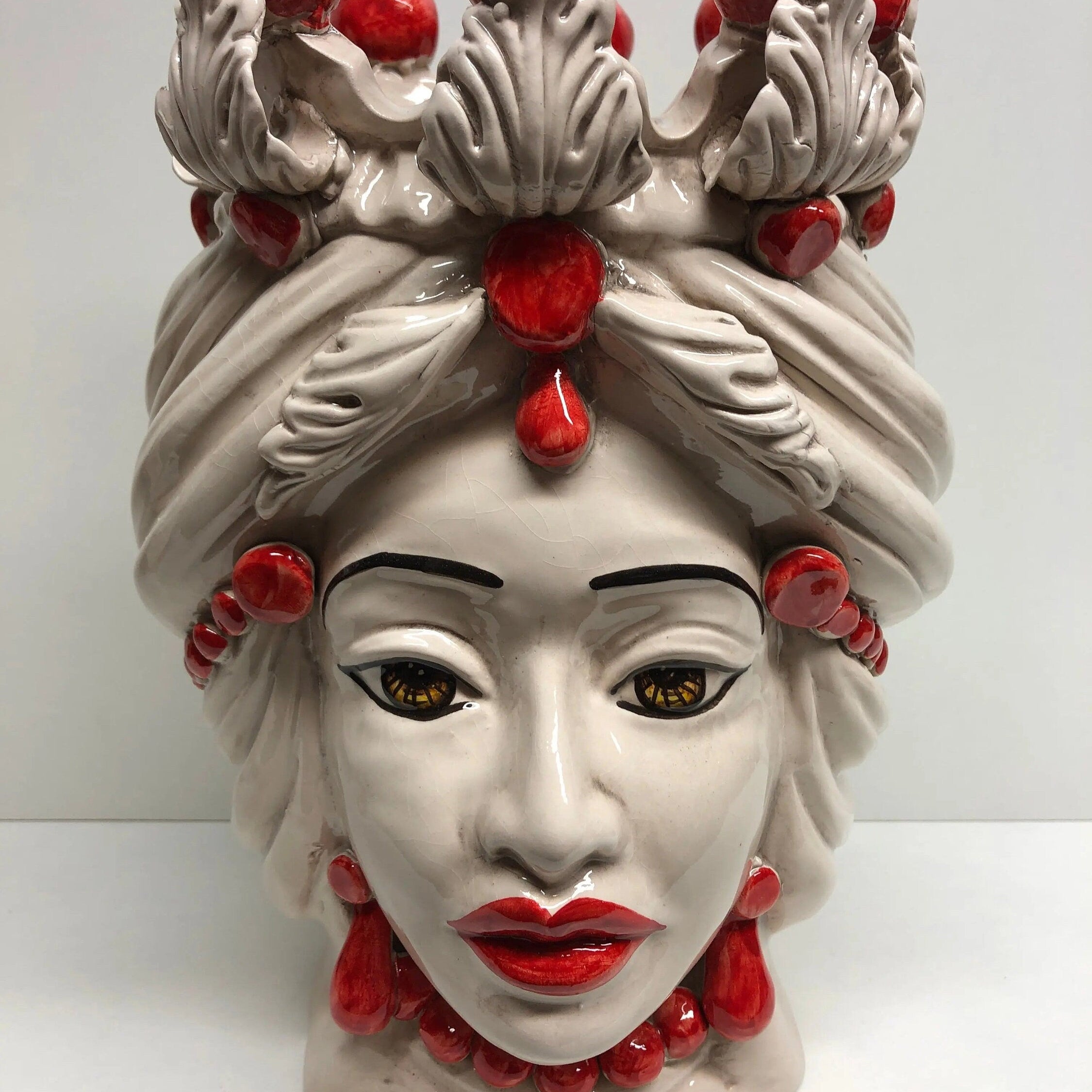 Teste di Moro Corona Sfere Rosso Ceramica Caltagirone cm H.30 L.20 Artigianale DD CERAMICHE SICILIANE
