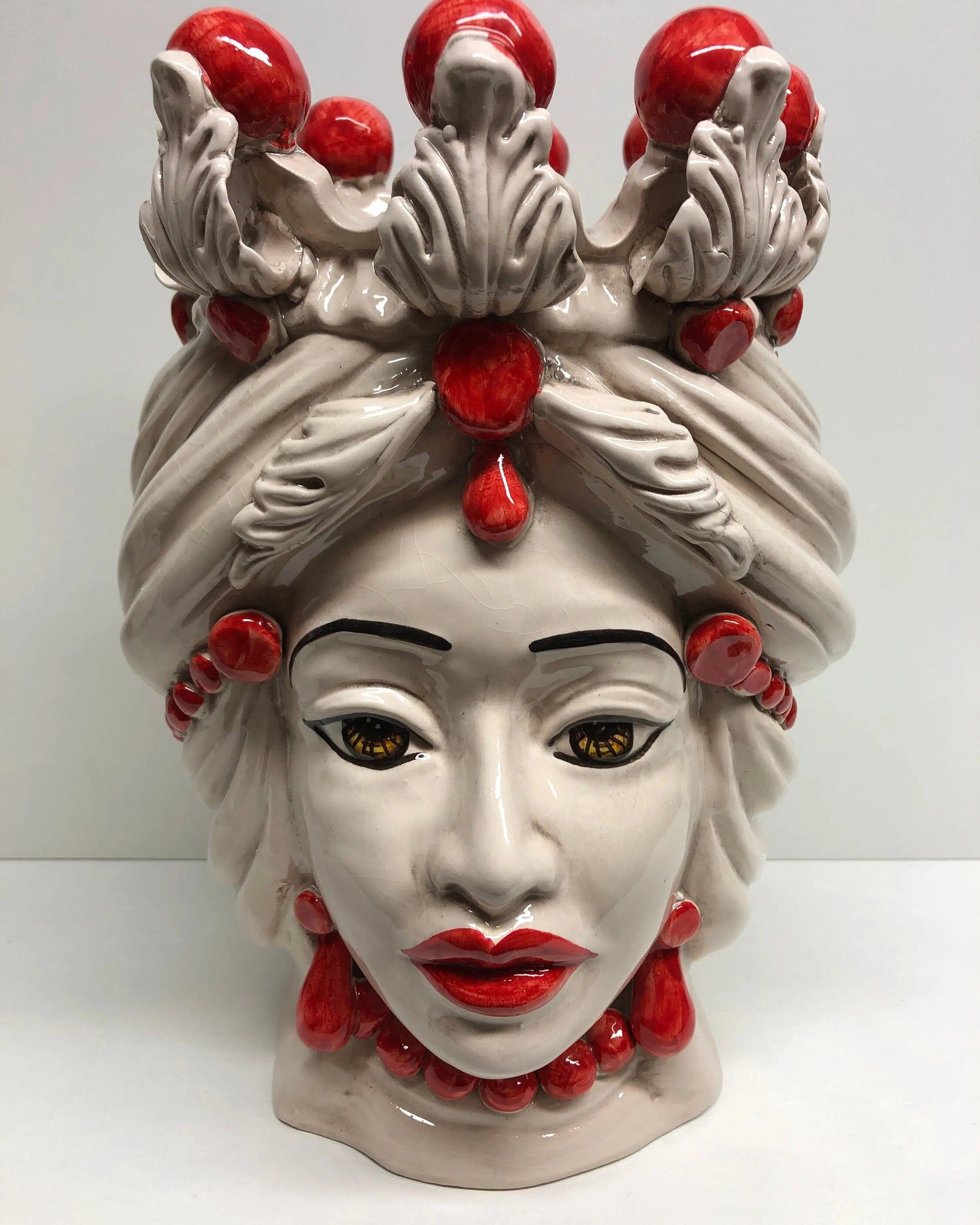 Teste di Moro Corona Sfere Rosso Ceramica Caltagirone cm H.30 L.20 Artigianale DD CERAMICHE SICILIANE