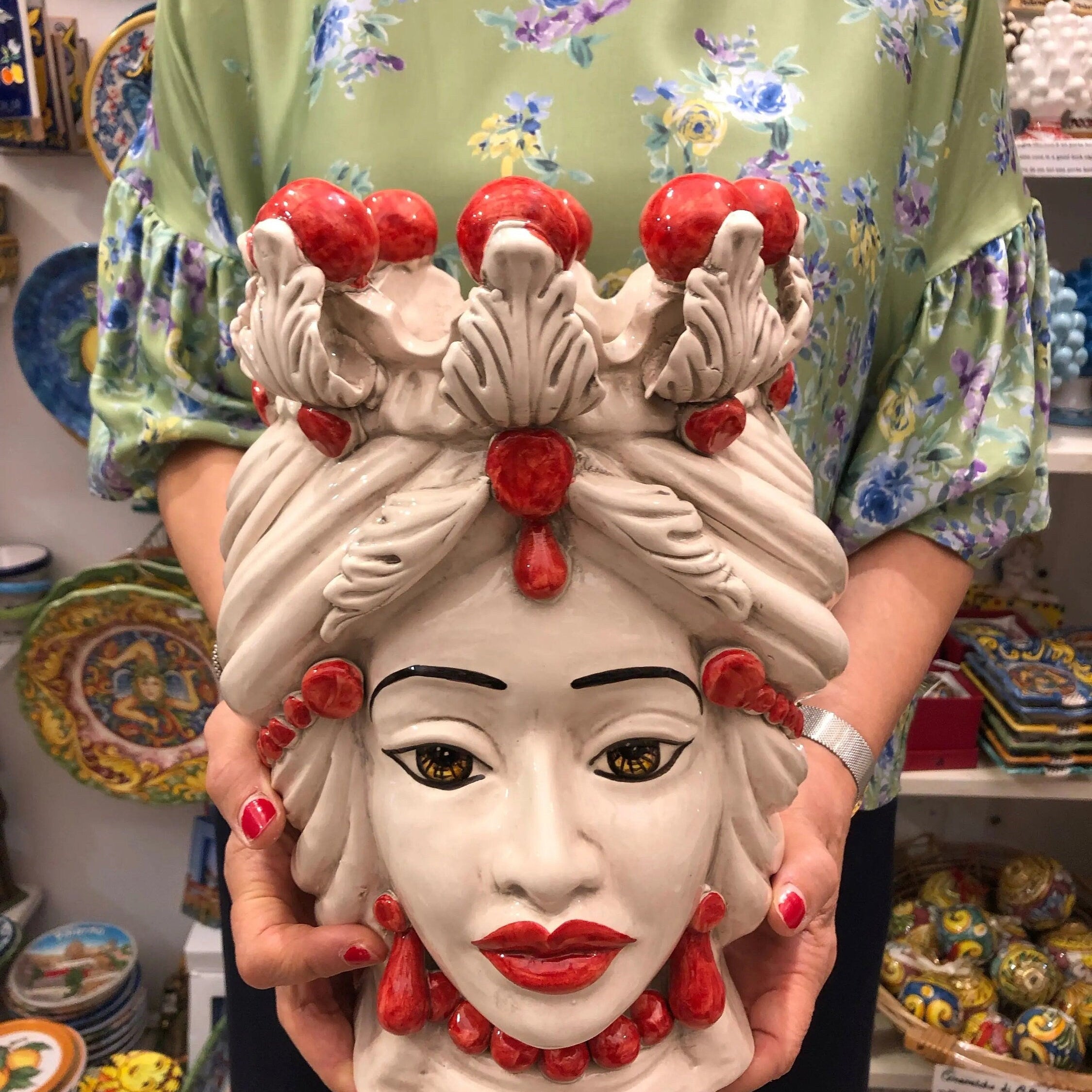 Teste di Moro Corona Sfere Rosso Ceramica Caltagirone cm H.30 L.20 Artigianale DD CERAMICHE SICILIANE