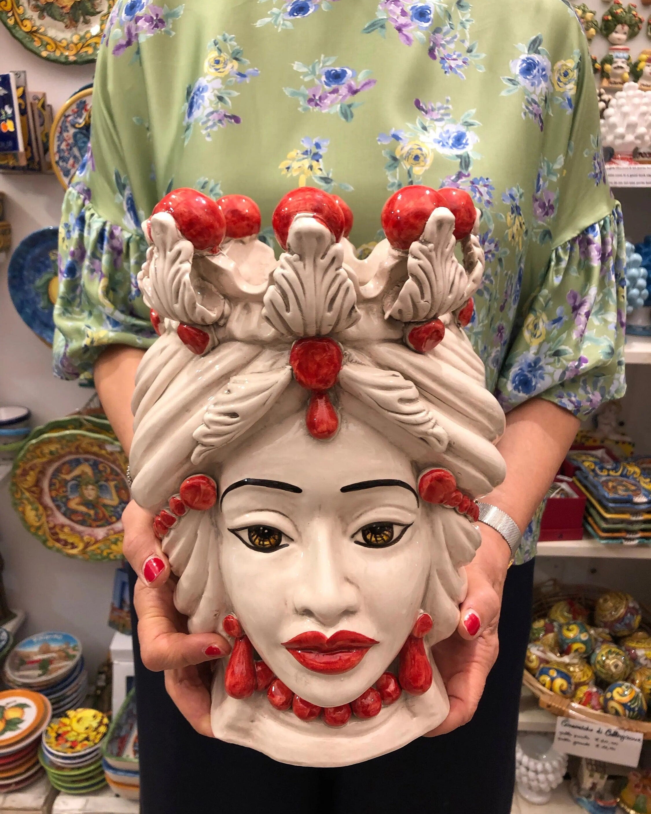 Teste di Moro Corona Sfere Rosso Ceramica Caltagirone cm H.30 L.20 Artigianale DD CERAMICHE SICILIANE