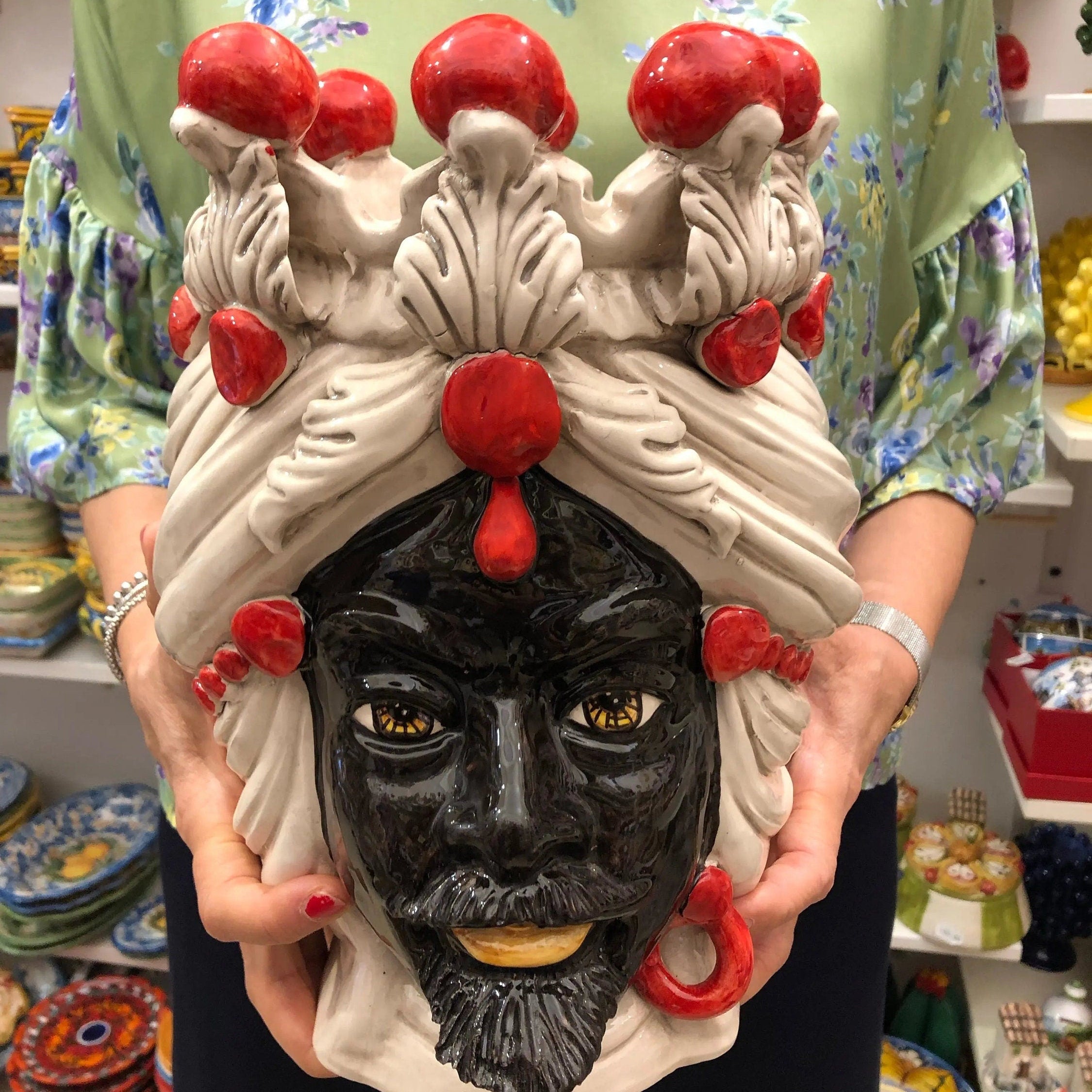 Teste di Moro Corona Sfere Rosso Ceramica Caltagirone cm H.30 L.20 Artigianale DD CERAMICHE SICILIANE