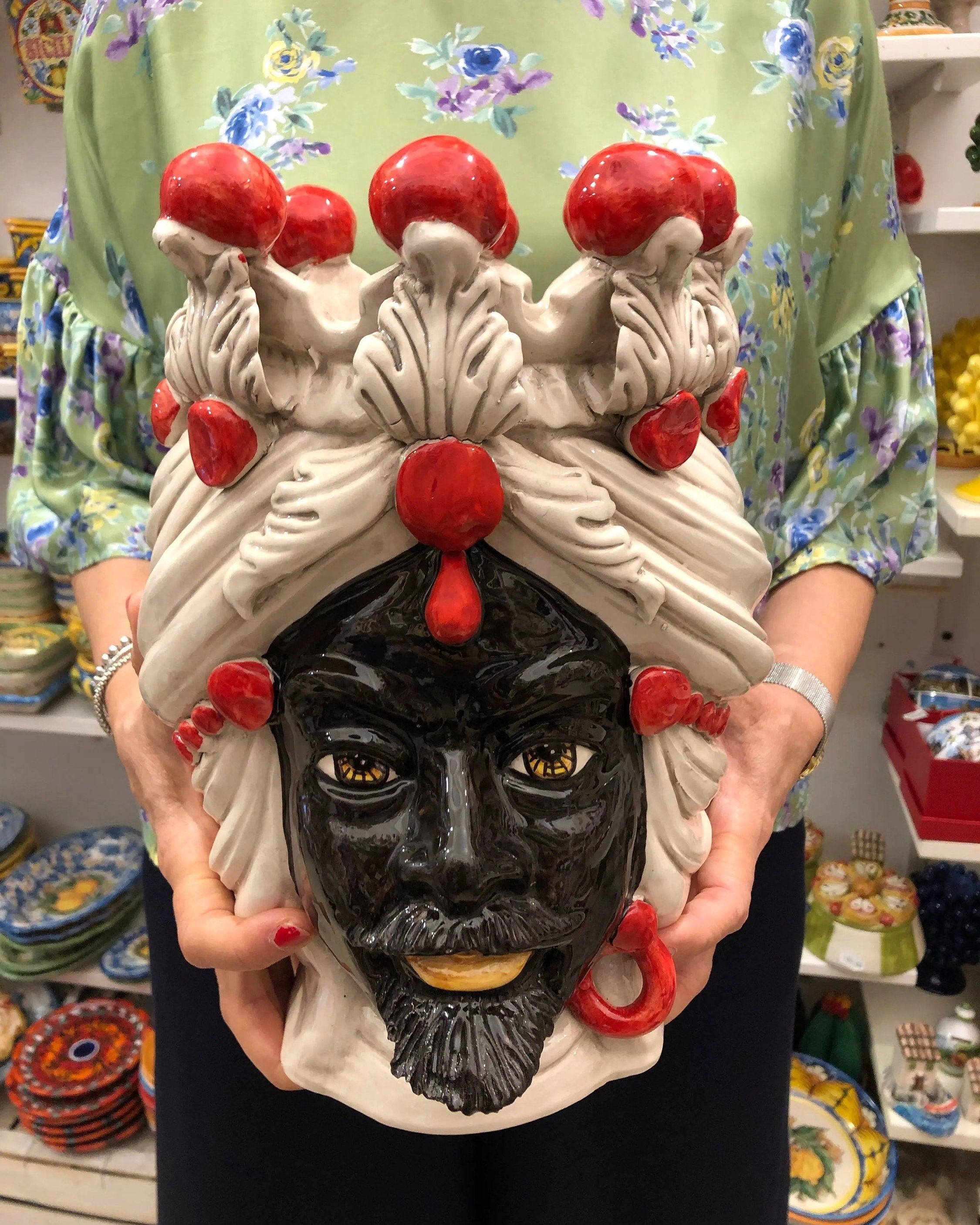 Teste di Moro Corona Sfere Rosso Ceramica Caltagirone cm H.30 L.20 Artigianale DD CERAMICHE SICILIANE