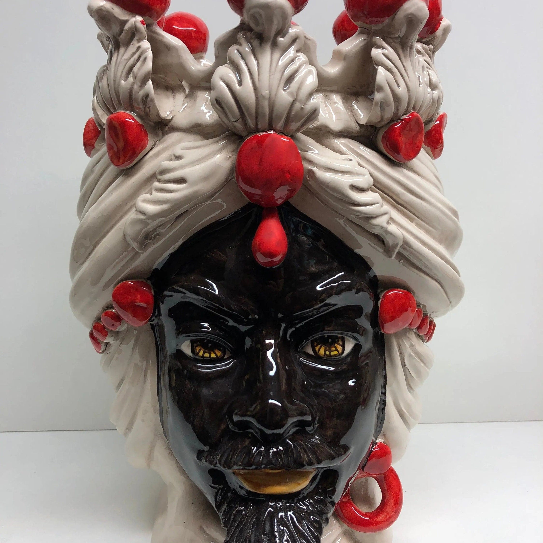 Teste di Moro Corona Sfere Rosso Ceramica Caltagirone cm H.30 L.20 Artigianale DD CERAMICHE SICILIANE