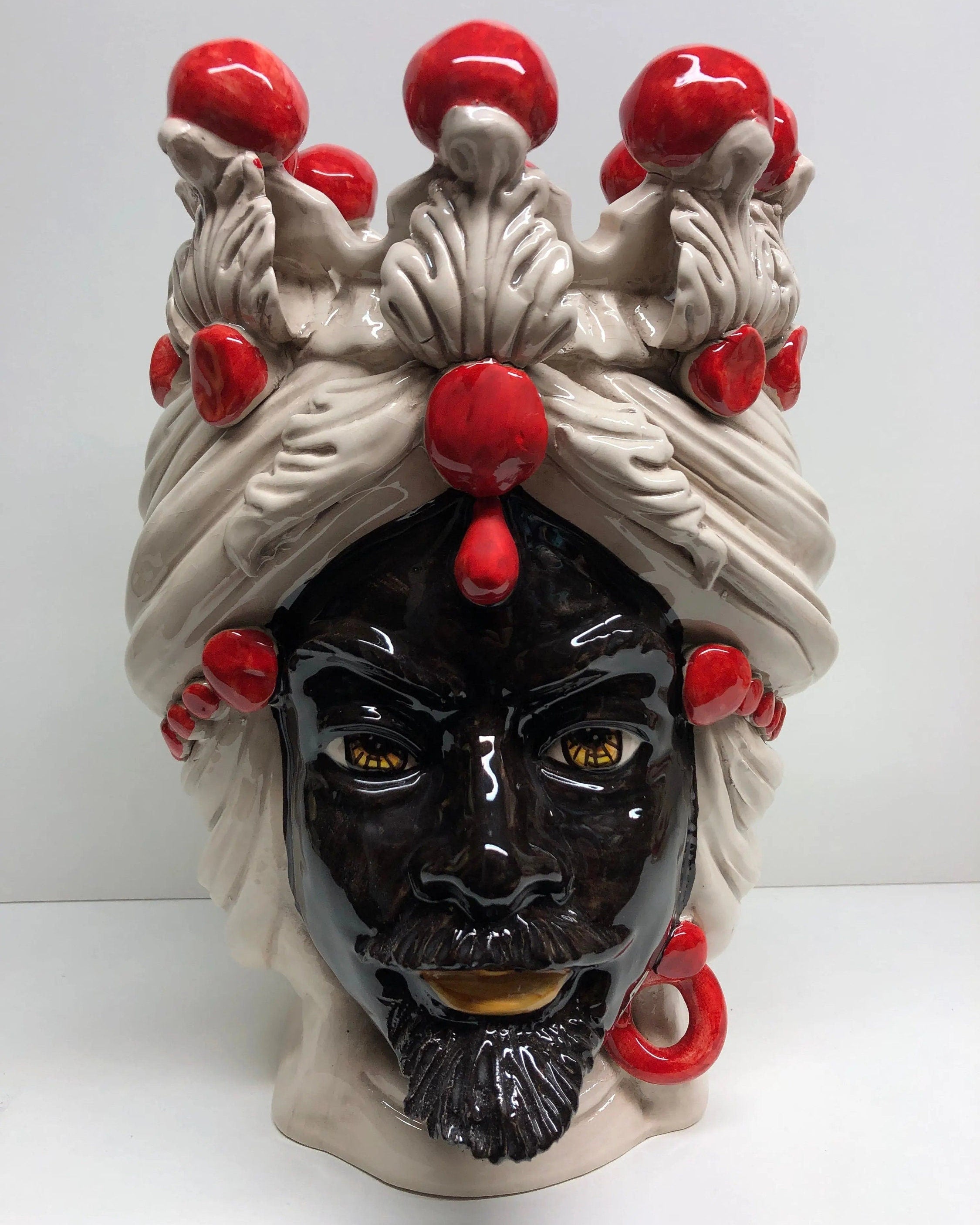 Teste di Moro Corona Sfere Rosso Ceramica Caltagirone cm H.30 L.20 Artigianale DD CERAMICHE SICILIANE