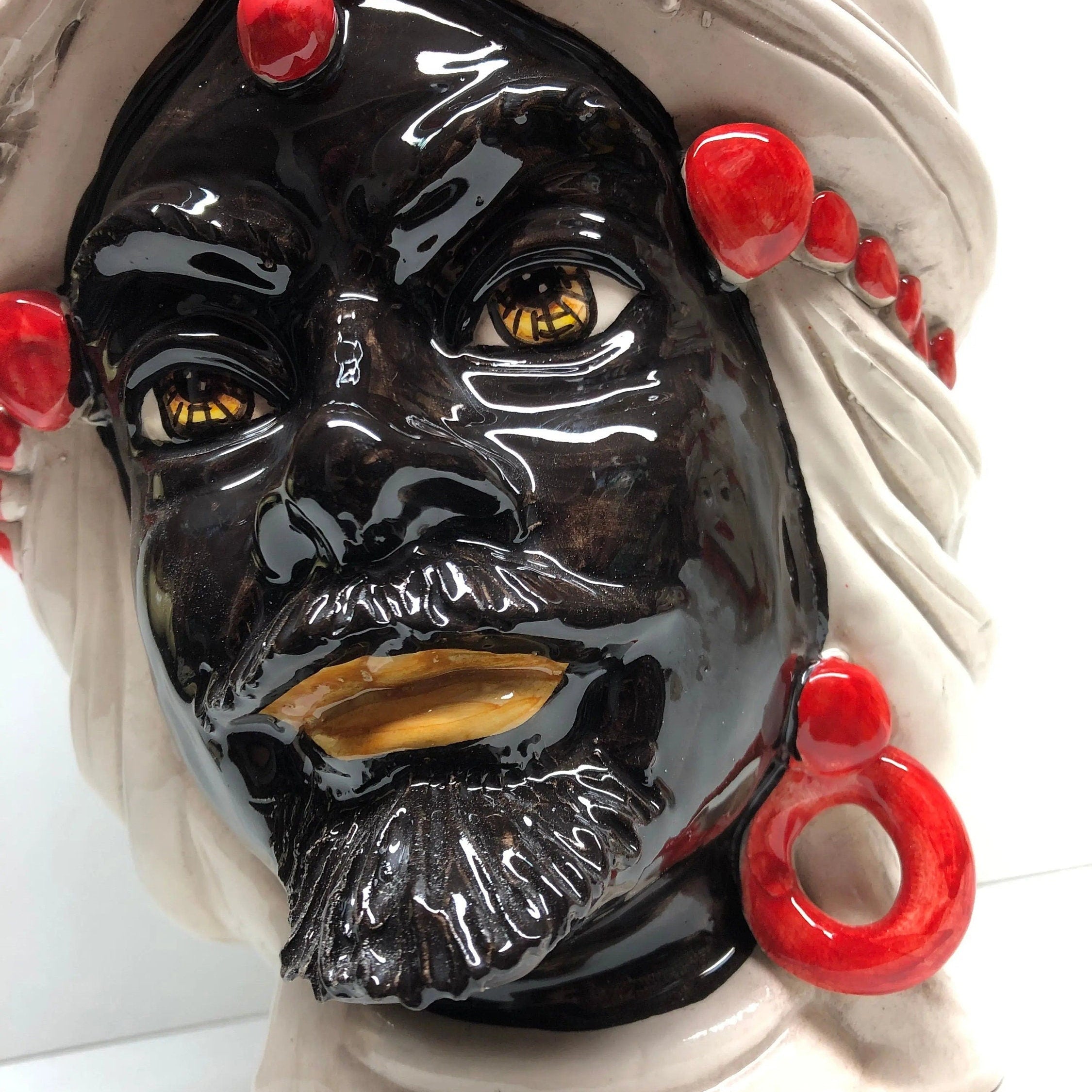 Teste di Moro Corona Sfere Rosso Ceramica Caltagirone cm H.30 L.20 Artigianale DD CERAMICHE SICILIANE