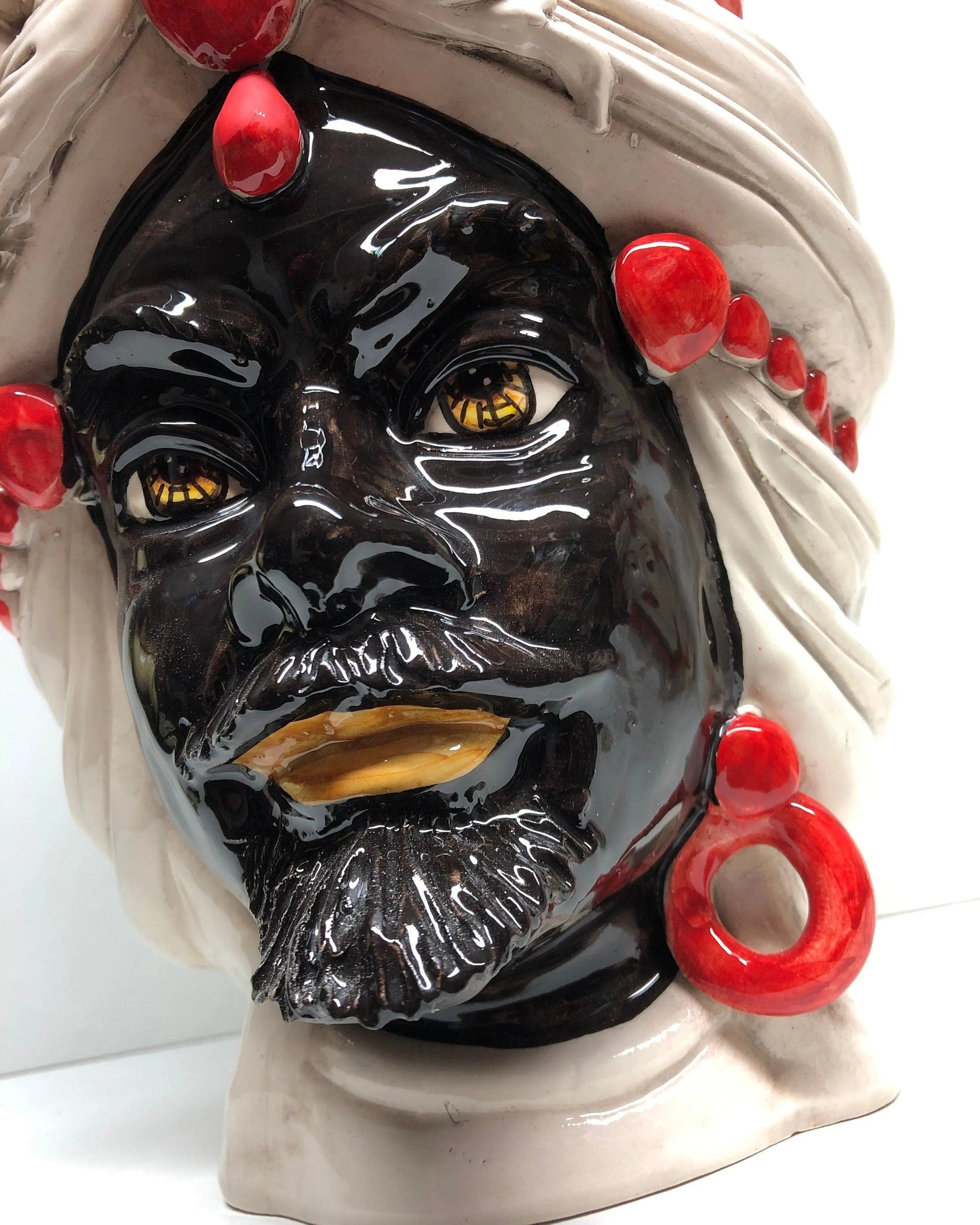 Teste di Moro Corona Sfere Rosso Ceramica Caltagirone cm H.30 L.20 Artigianale DD CERAMICHE SICILIANE