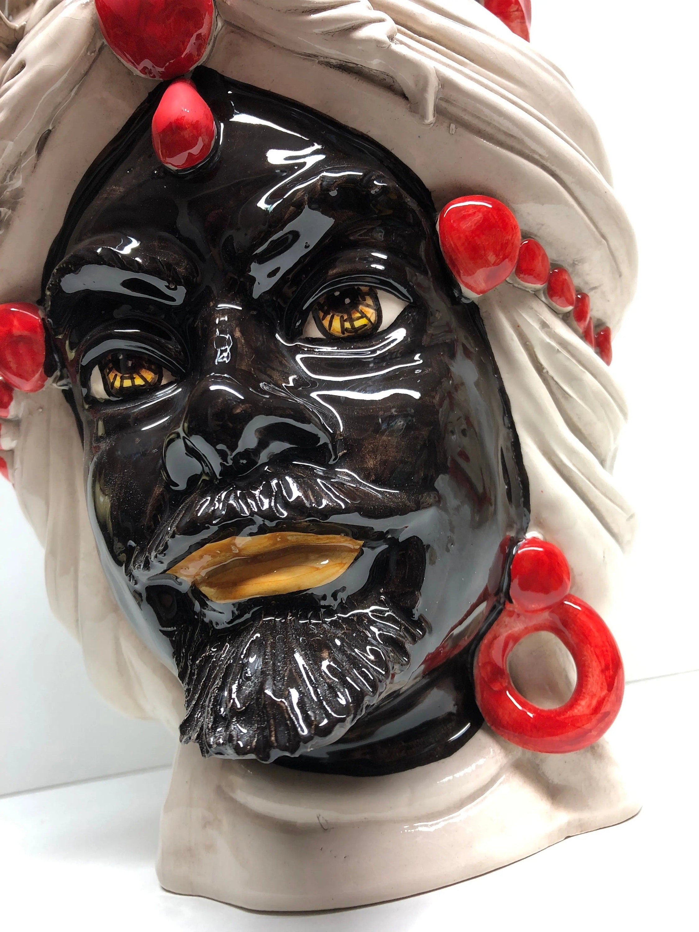 Teste di Moro Corona Sfere Rosso Ceramica Caltagirone cm H.30 L.20 Artigianale DD CERAMICHE SICILIANE