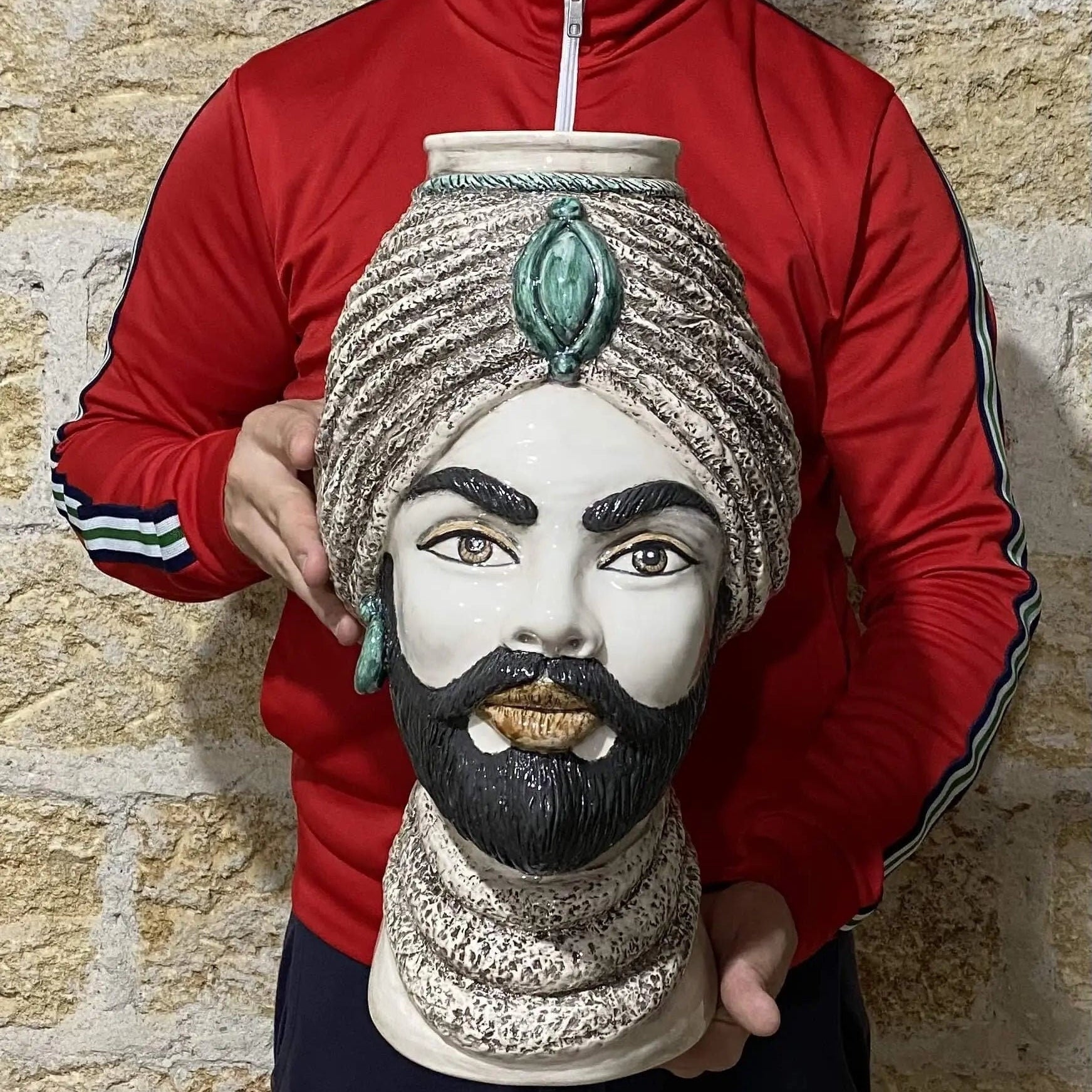 Teste di Moro Demetra Ceramica Caltagirone cm H.40 L.22 Artigianale Écru Verde Acqua DD CERAMICHE SICILIANE