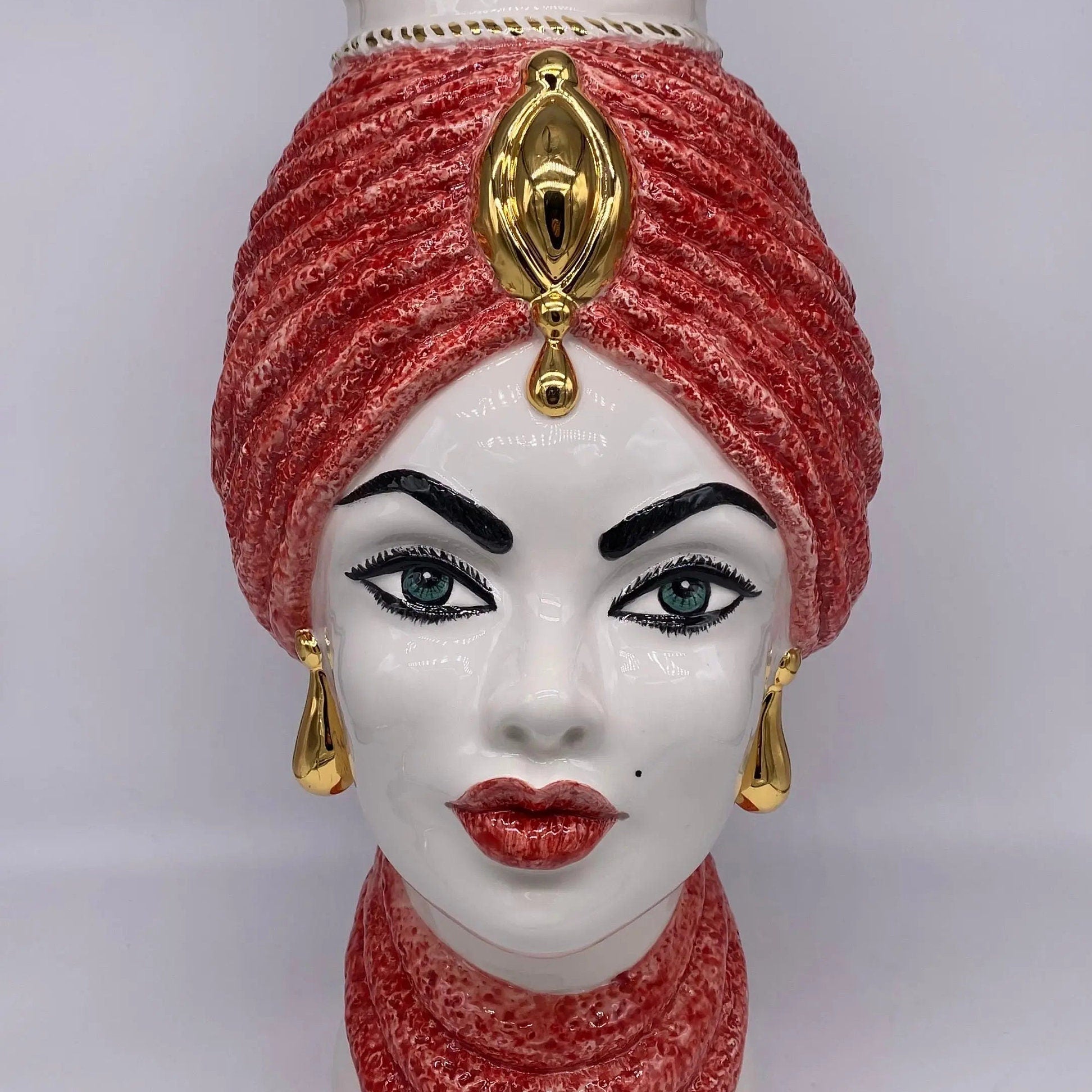 Teste di Moro Demetra Ceramica Caltagirone cm H.40 L.22 Artigianale Rosso Oro DD CERAMICHE SICILIANE