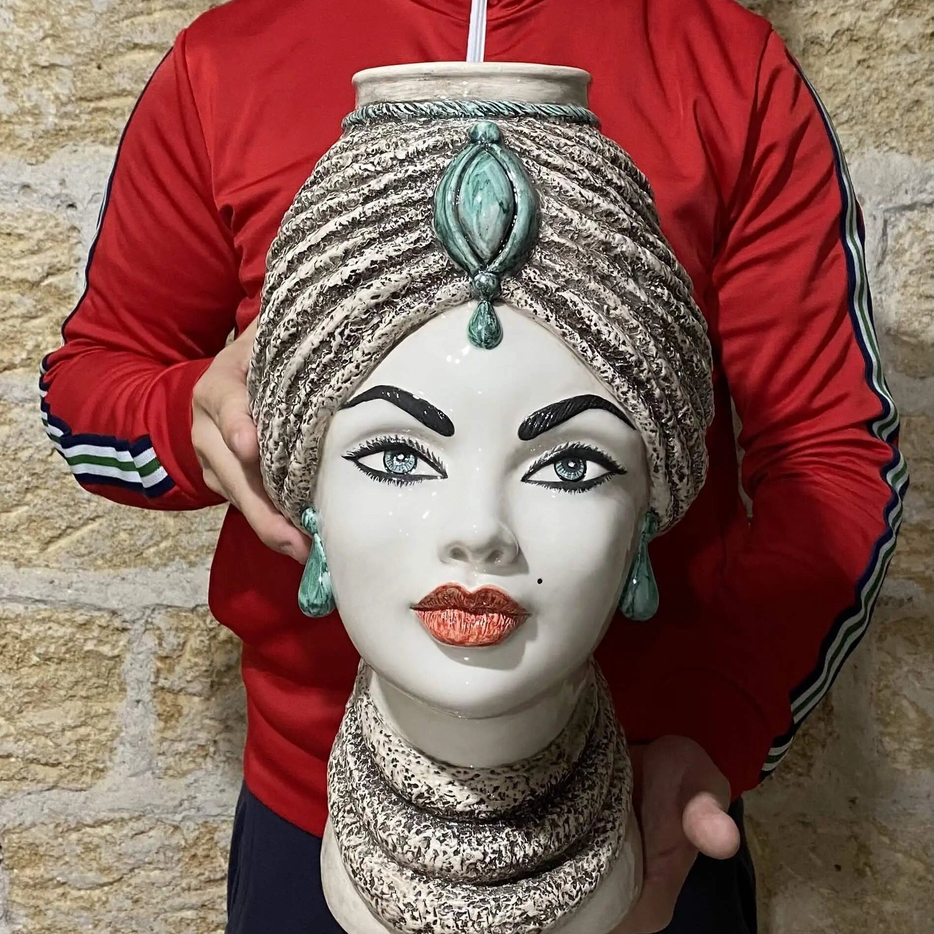 Teste di Moro Demetra Ceramica Caltagirone cm H.40 L.22 Artigianale Écru Verde Acqua DD CERAMICHE SICILIANE