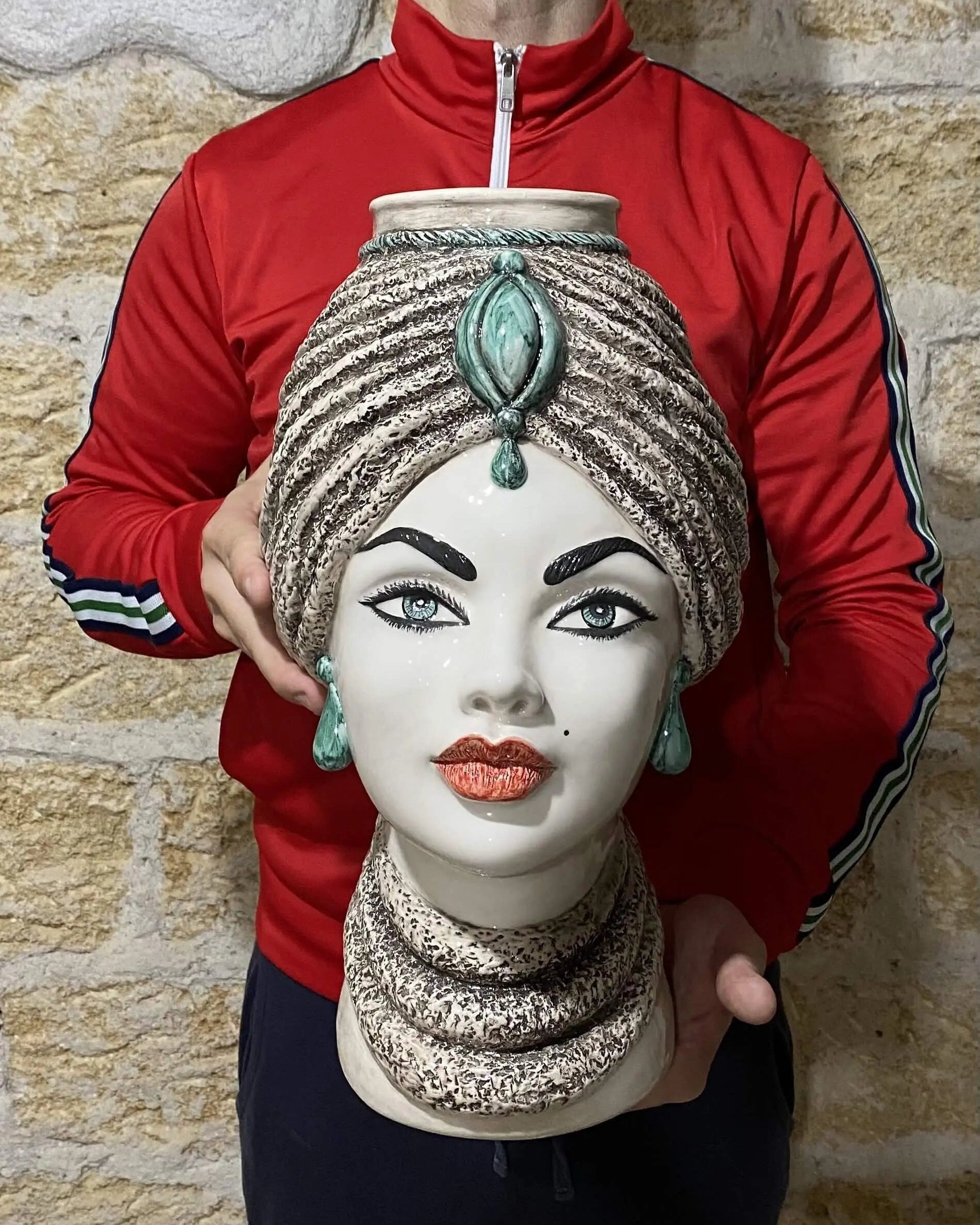 Teste di Moro Demetra Ceramica Caltagirone cm H.40 L.22 Artigianale Écru Verde Acqua DD CERAMICHE SICILIANE