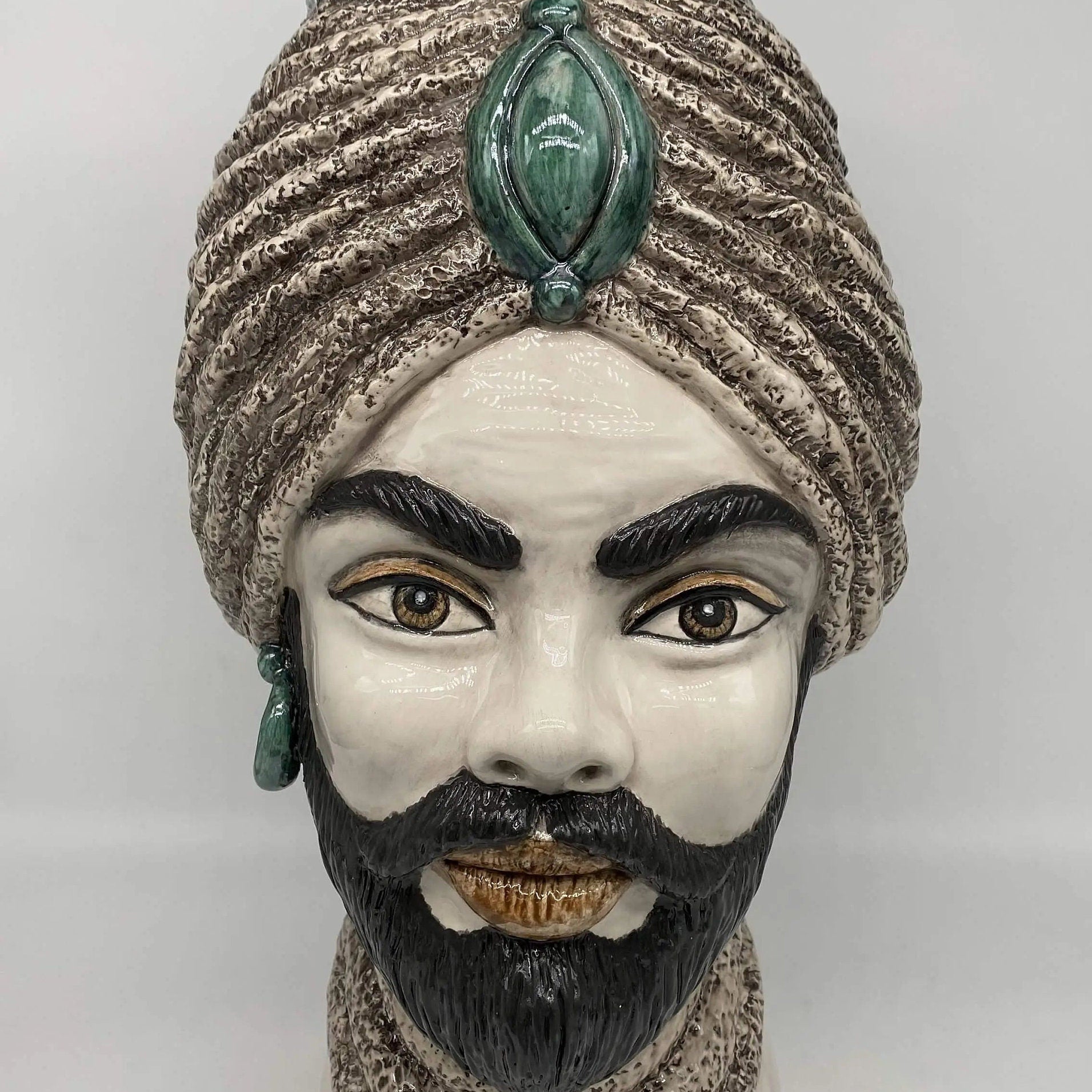 Teste di Moro Demetra Ceramica Caltagirone cm H.40 L.22 Artigianale Écru Verde Acqua DD CERAMICHE SICILIANE