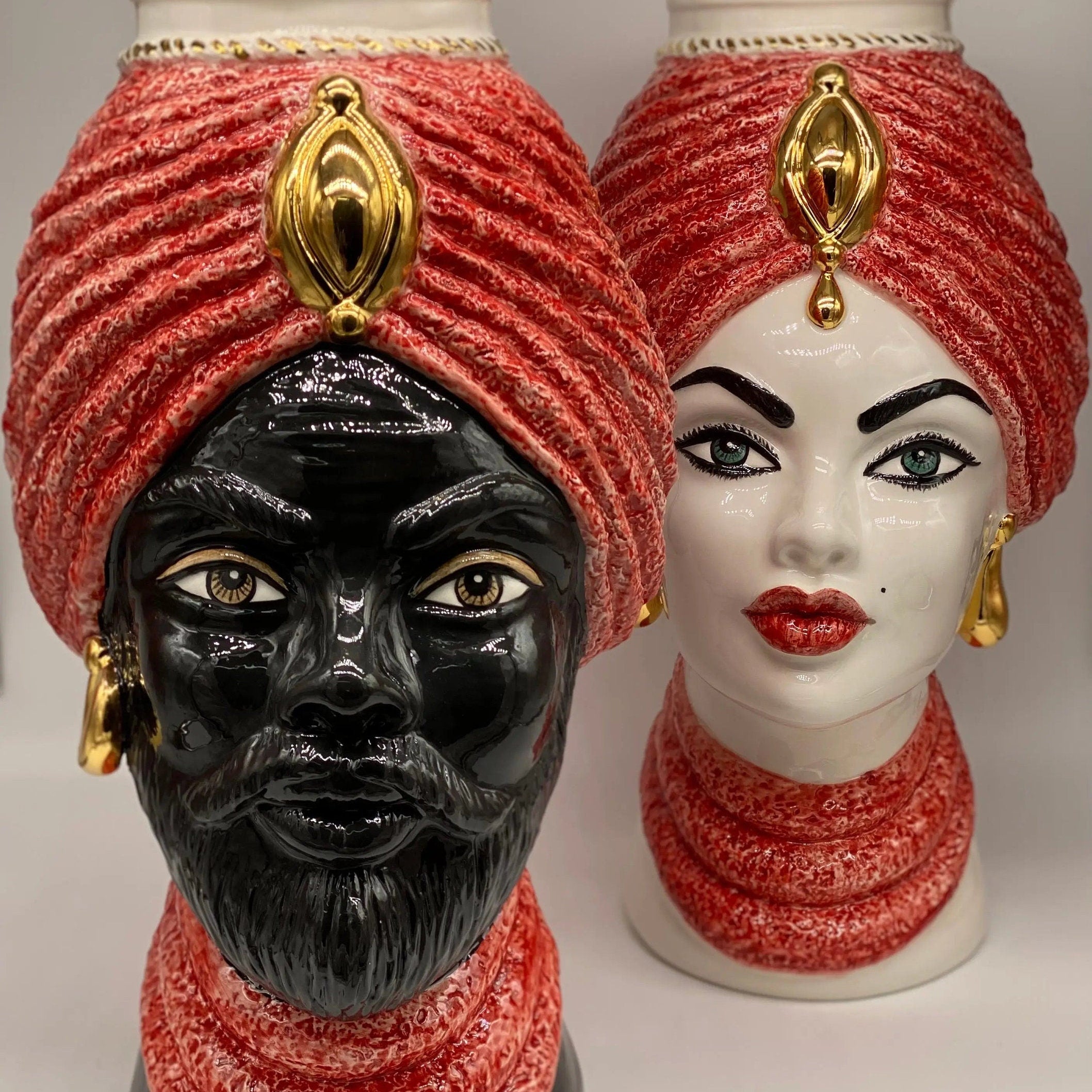 Teste di Moro Demetra Ceramica Caltagirone cm H.40 L.22 Artigianale Rosso Oro DD CERAMICHE SICILIANE