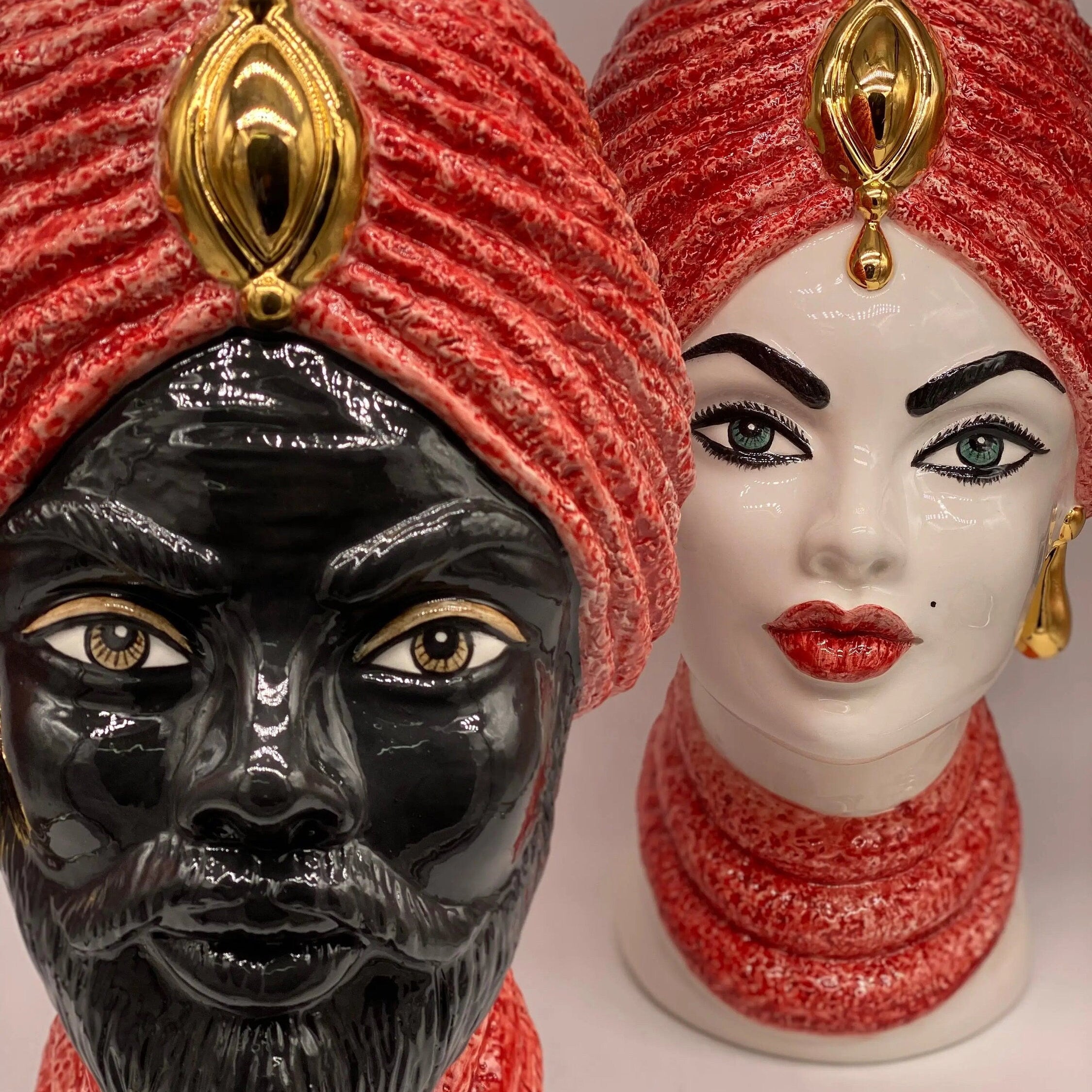 Teste di Moro Demetra Ceramica Caltagirone cm H.40 L.22 Artigianale Rosso Oro DD CERAMICHE SICILIANE