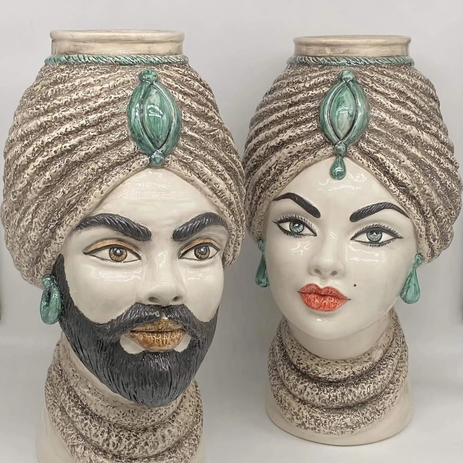 Teste di Moro Demetra Ceramica Caltagirone cm H.40 L.22 Artigianale Écru Verde Acqua DD CERAMICHE SICILIANE