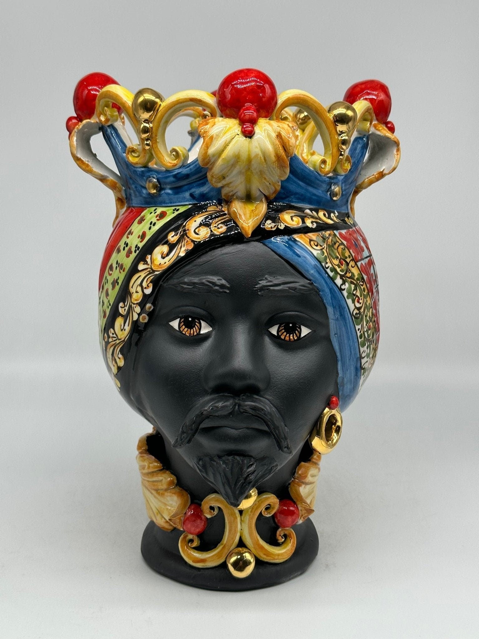 Teste di Moro Diana “Carretto” Ceramica Caltagirone cm H.30 L.20 Artigianale Écru Oro Sfere Rosso - DD CERAMICHE SICILIANE