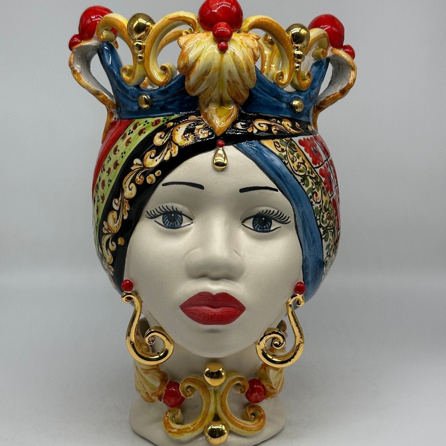 Teste di Moro Diana “Carretto” Ceramica Caltagirone cm H.30 L.20 Artigianale Écru Oro Sfere Rosso - DD CERAMICHE SICILIANE