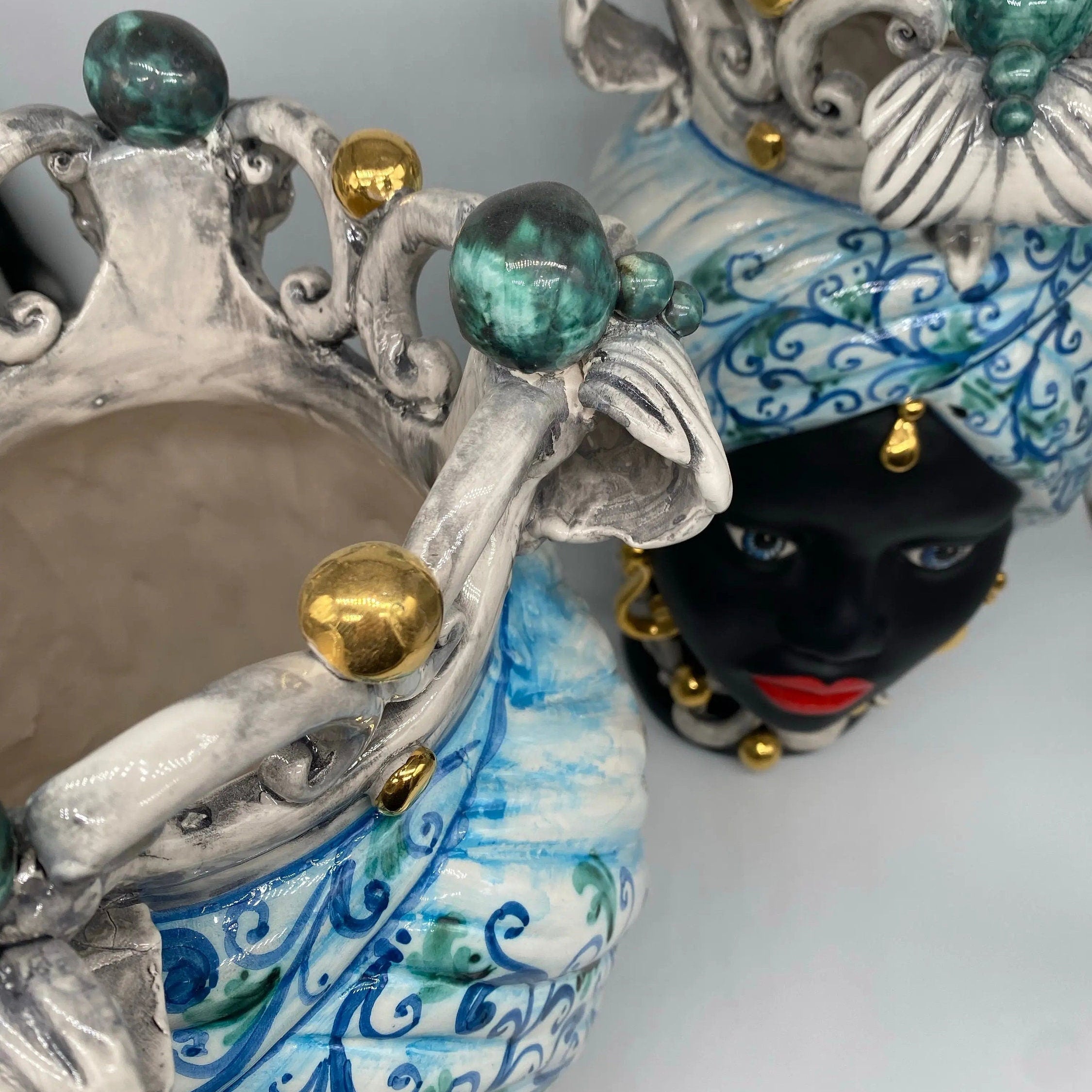 Teste di Moro Diana Ceramica Caltagirone cm H.40 L.25 Artigianale Celeste Oro Sfere Verde DD CERAMICHE SICILIANE